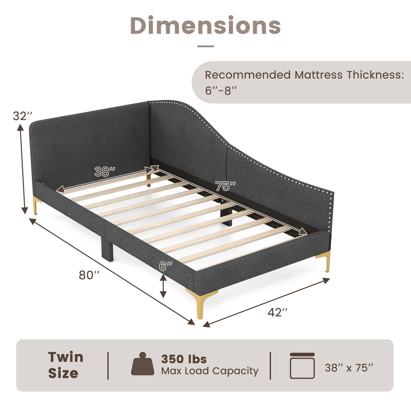 Twin Size Rivet-Tufted Platform Bed, Metal Legs, Wood Slats, Gray Simple Bed Frame at Gallery Canada