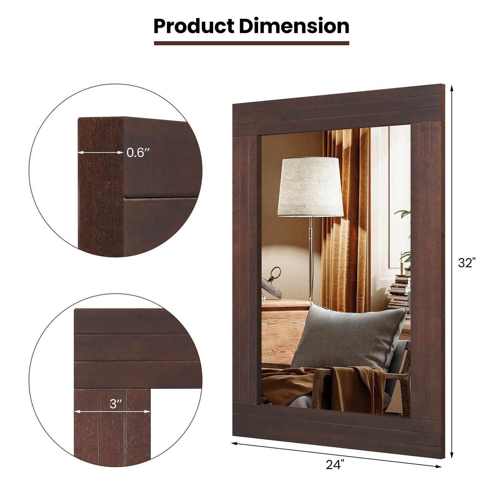 Wood Framed Wall Mirror, For Bedroom Living Room, Brown Wall Mirrors at Gallery Canada