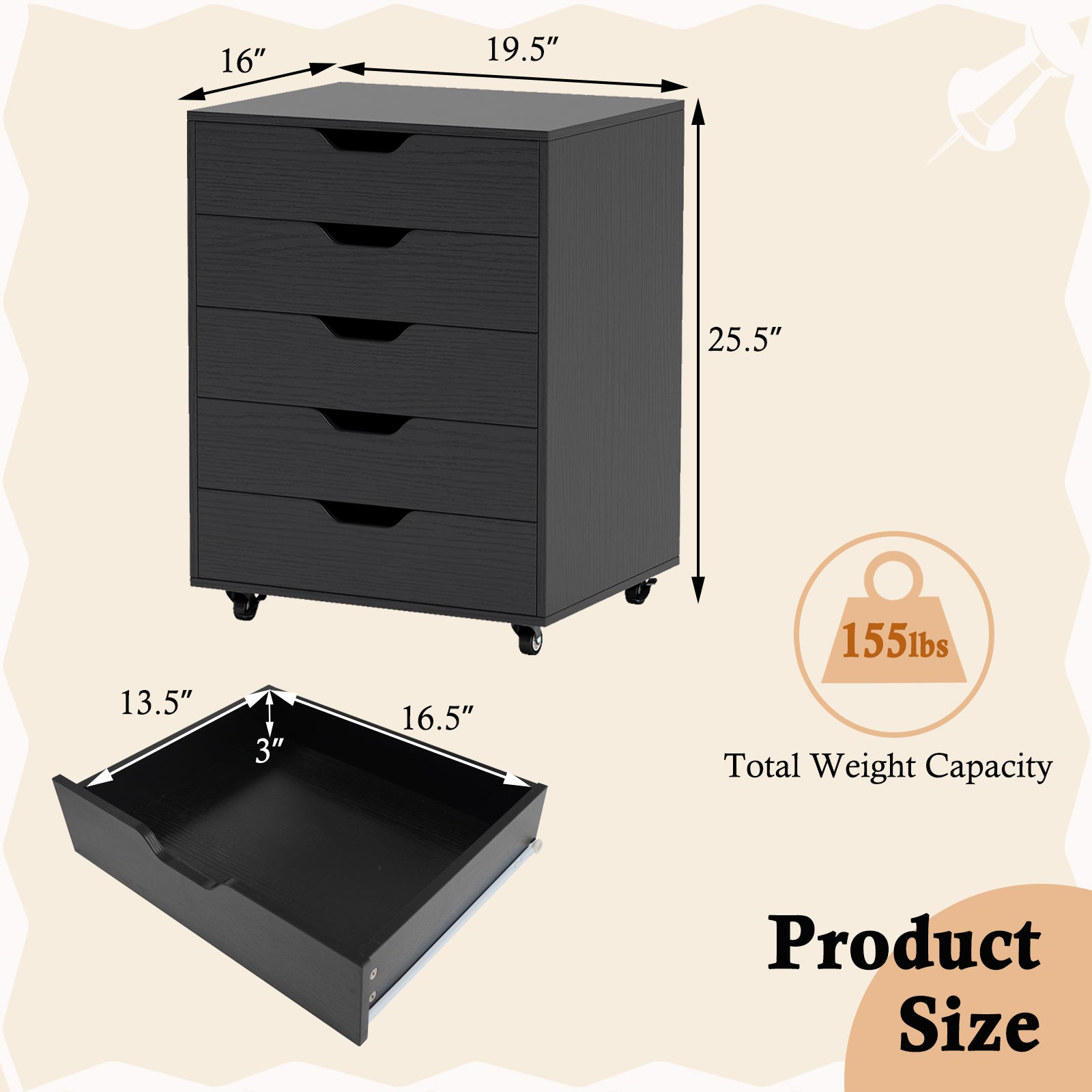 5 Drawer Mobile File Cabinet With Wheels, Black File Cabinets at Gallery Canada