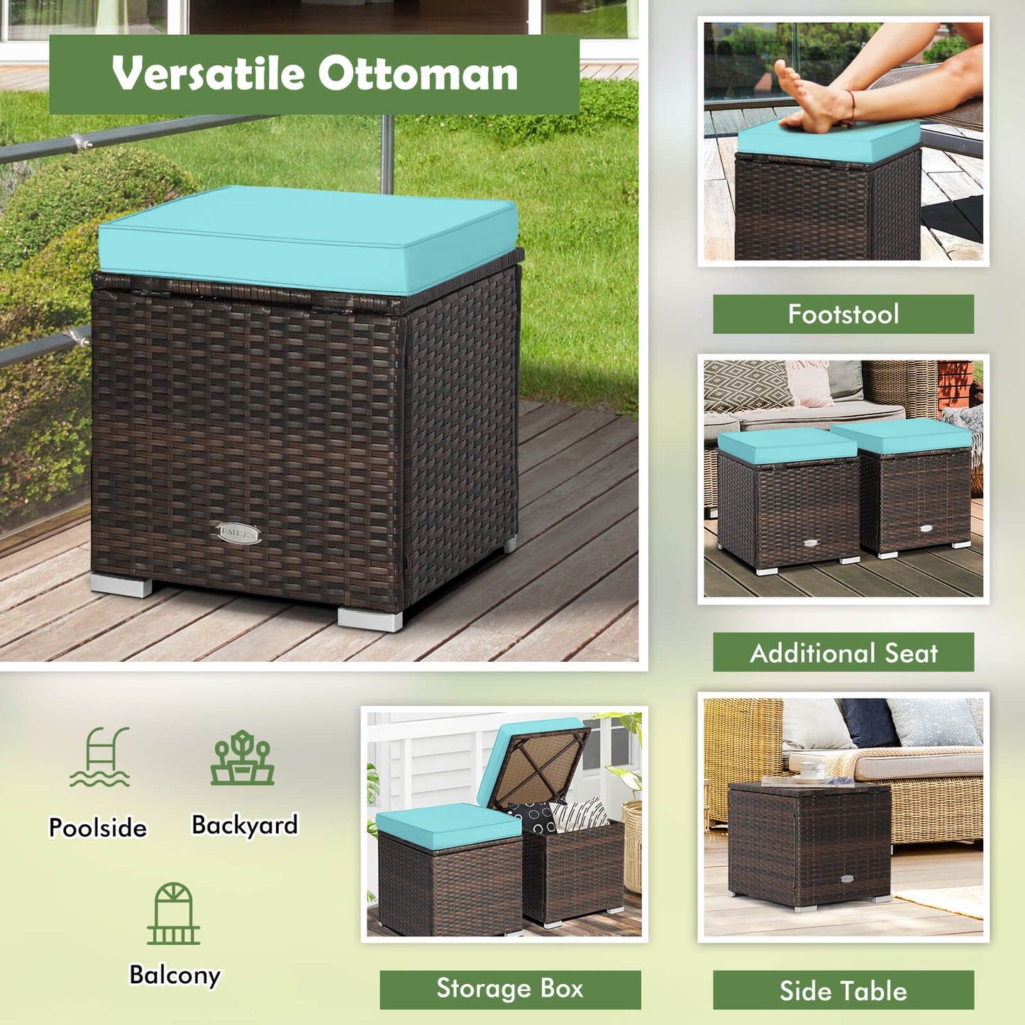 Patio Ottoman, 2 Pieces, Removable Cushions, Turquoise Outdoor Seating & Patio Chairs at Gallery Canada