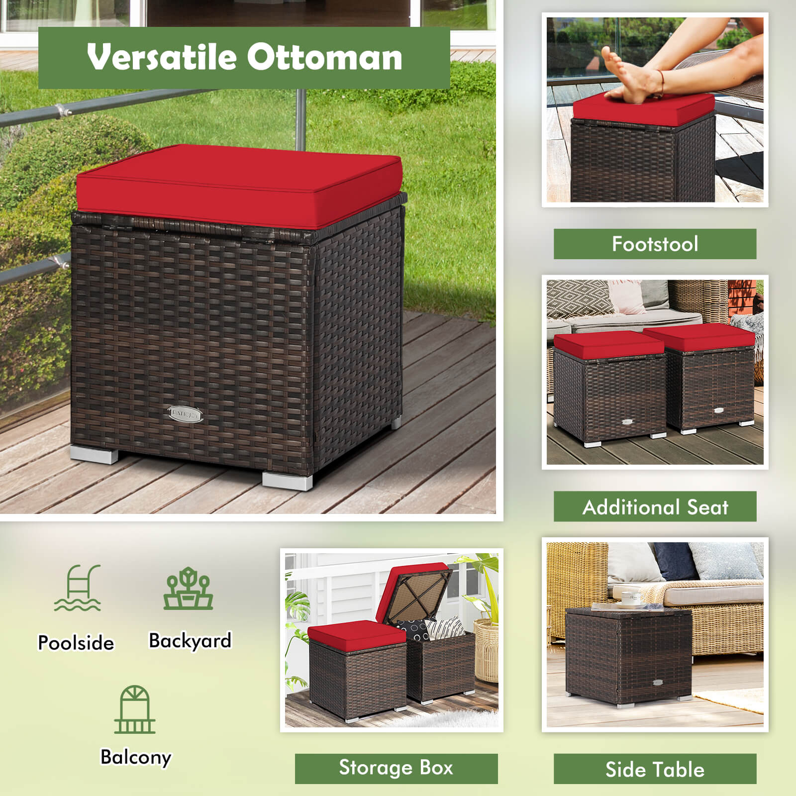 Patio Ottoman With Removable Cushions, 2 Pieces, Red Outdoor Seating & Patio Chairs at Gallery Canada