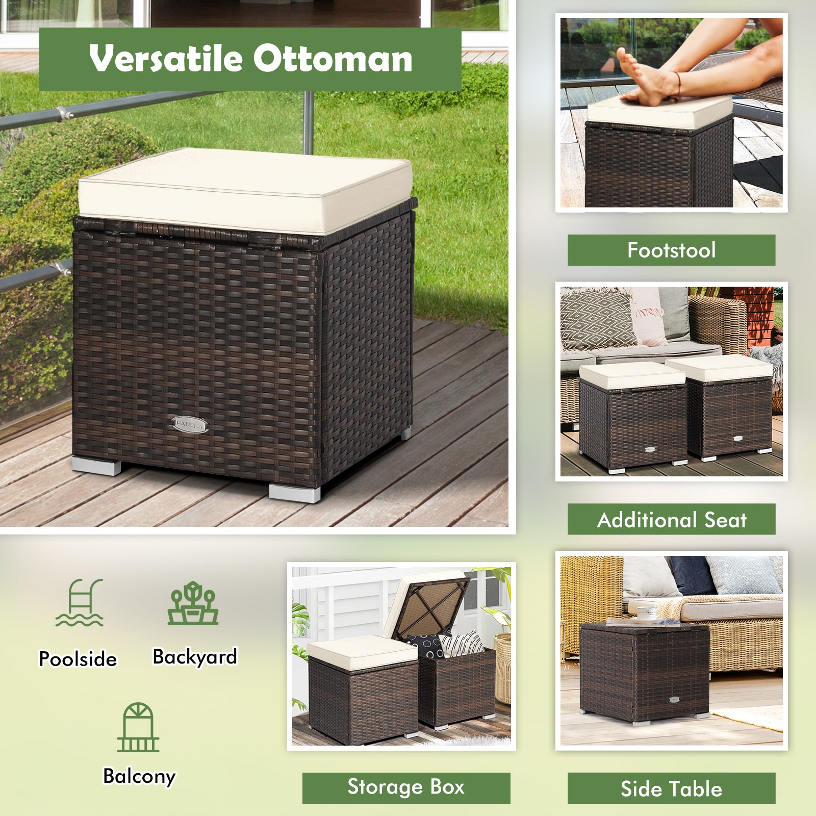 2 Piece Patio Ottoman, Removable Cushions, White Outdoor Seating & Patio Chairs at Gallery Canada