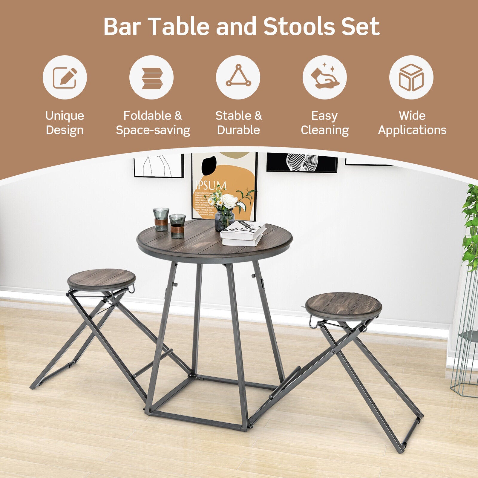 3 Piece Dining Table Set With 2 Foldable Stools, Gray Dining Room Sets at Gallery Canada