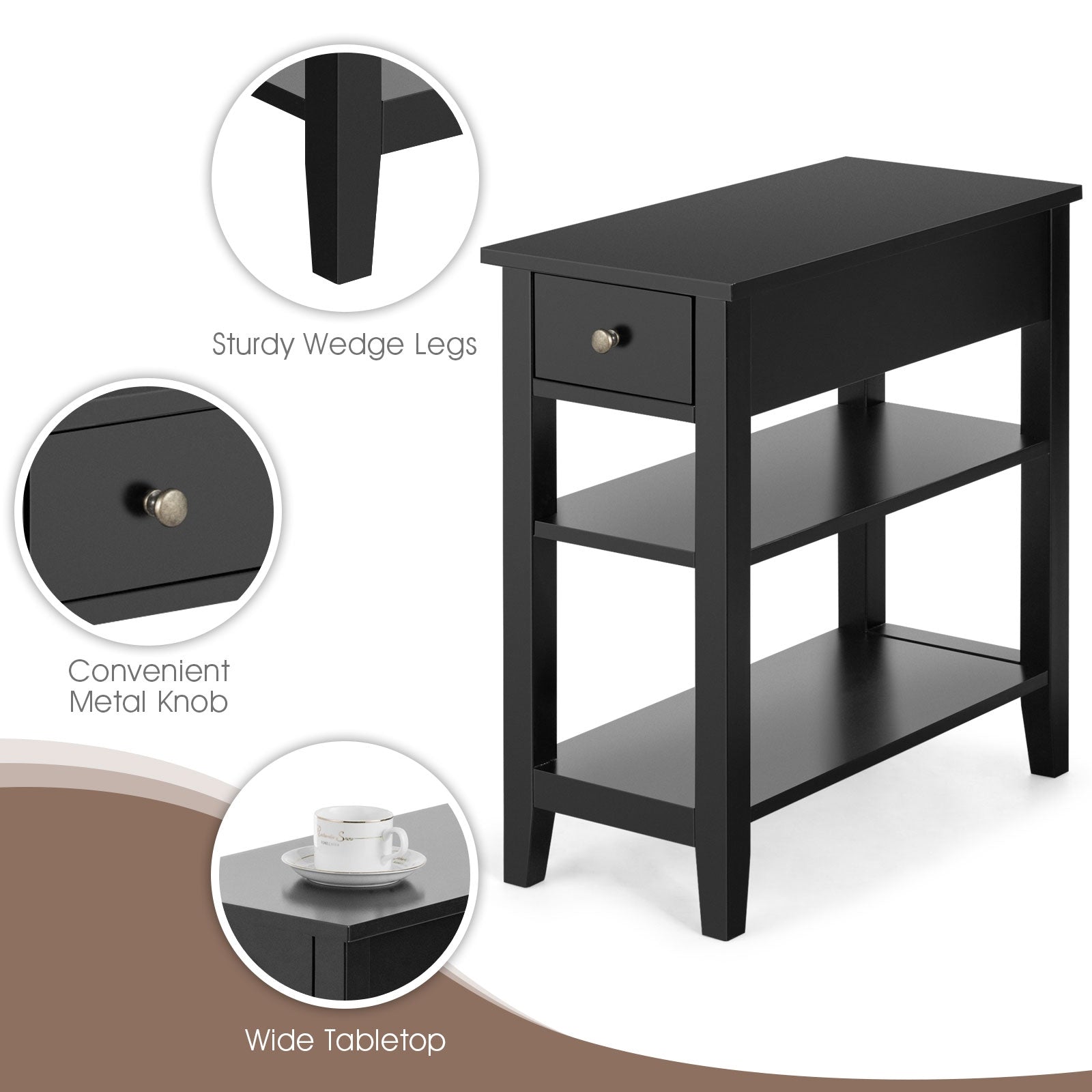 3-Tier Nightstand, Double Shelves Drawer, Black Nightstands at Gallery Canada