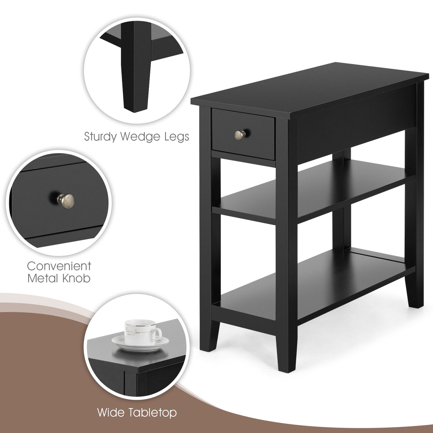3-Tier Nightstand, Double Shelves Drawer, Black Nightstands at Gallery Canada
