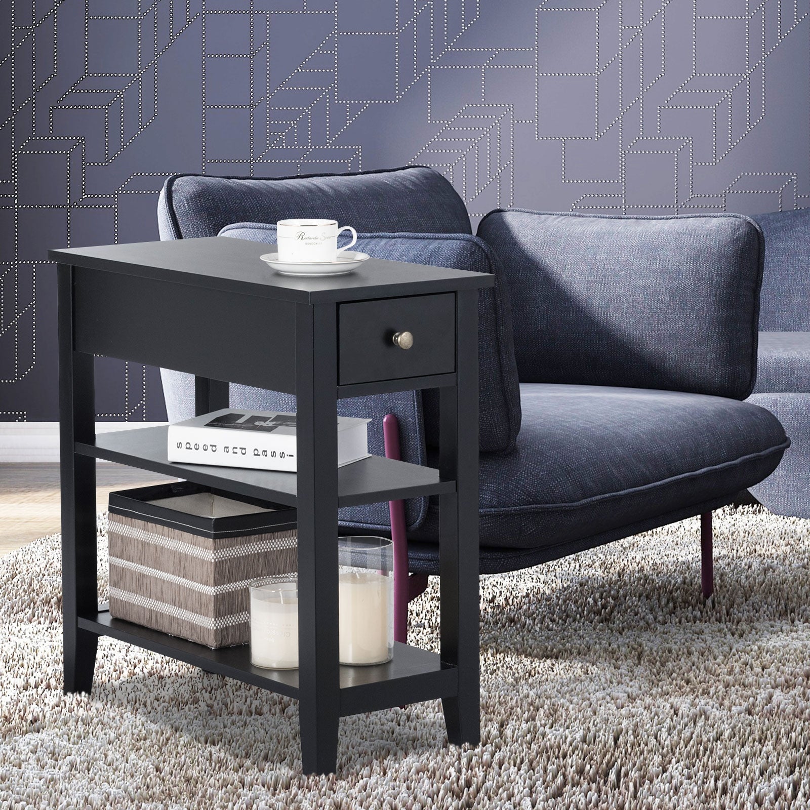 3-Tier Nightstand, Double Shelves Drawer, Black Nightstands at Gallery Canada