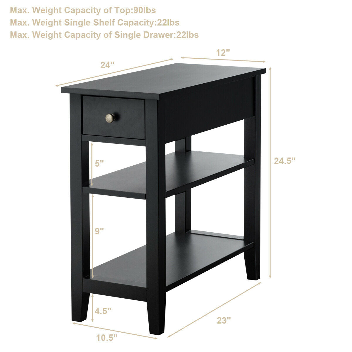 3-Tier Nightstand, Double Shelves Drawer, Black Nightstands at Gallery Canada