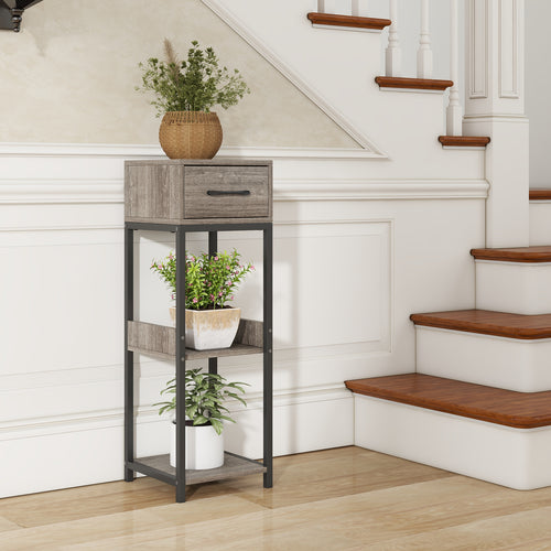 3 Tier Tall Plant Stand With Drawer, Anti-Tipping, Gray