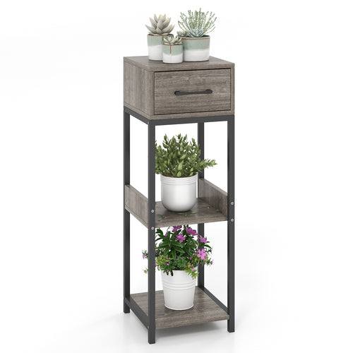 3 Tier Tall Plant Stand With Drawer, Anti-Tipping, Gray