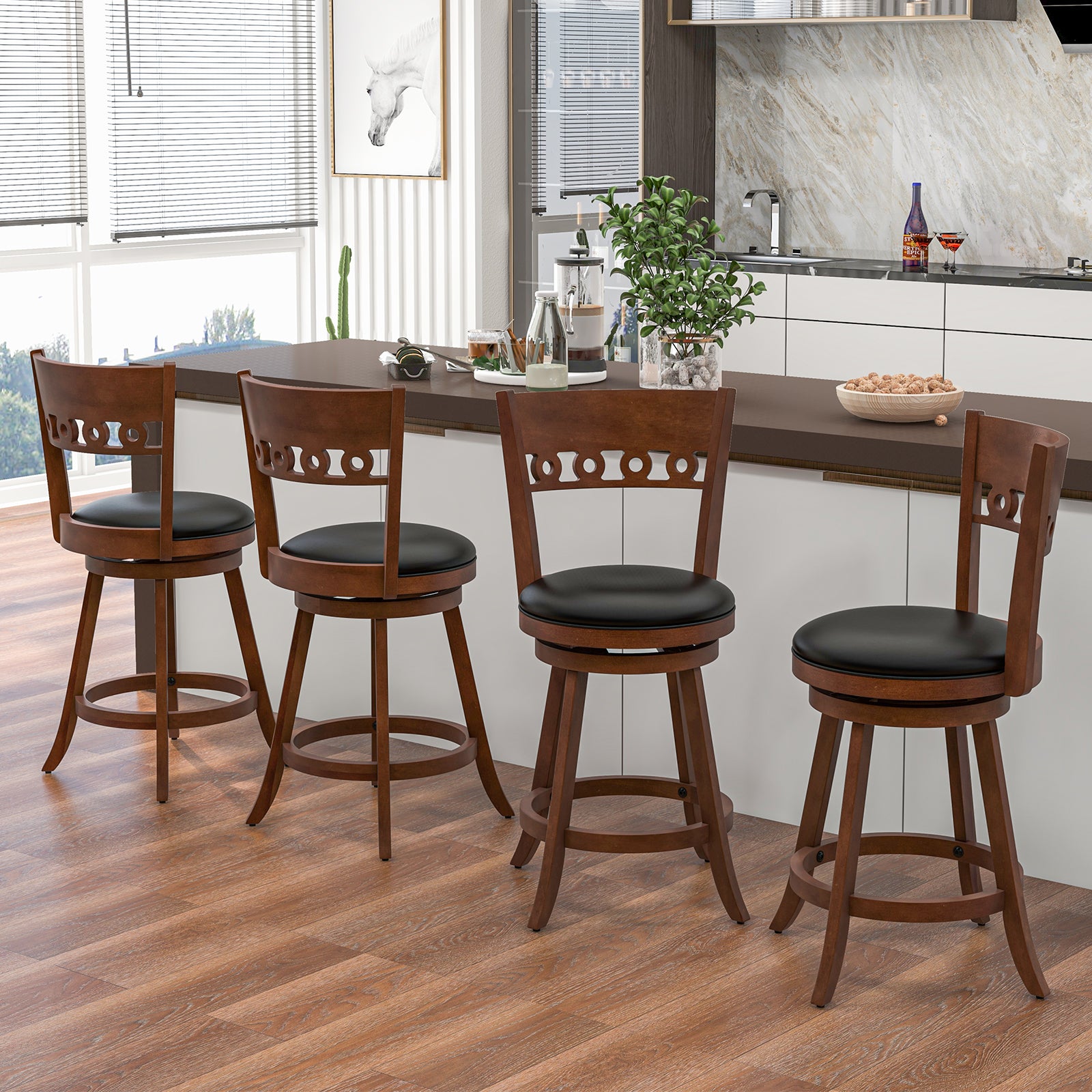 Set of 2 Swivel Bar Stools, Rubber Wood Frame, 24.5 Inches, Brown Bar Stools at Gallery Canada