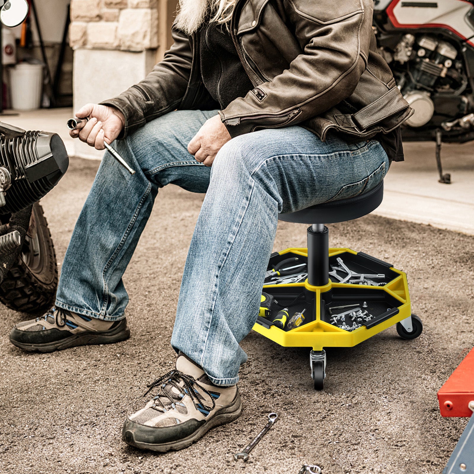 330 LBS Pneumatic Rolling Mechanic Stool, Padded Seat, Yellow Garages at Gallery Canada