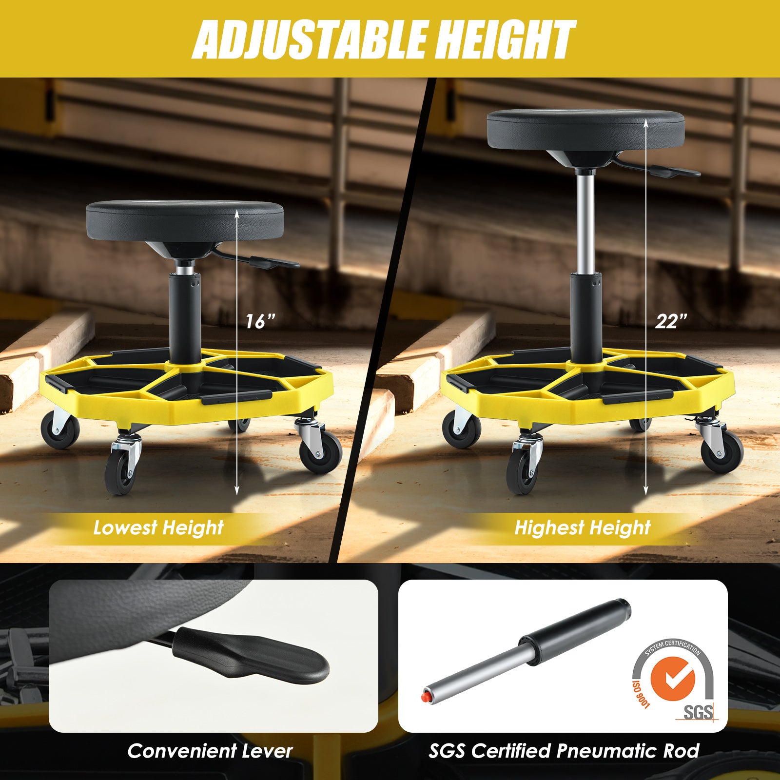 330 LBS Pneumatic Rolling Mechanic Stool, Padded Seat, Yellow Garages at Gallery Canada