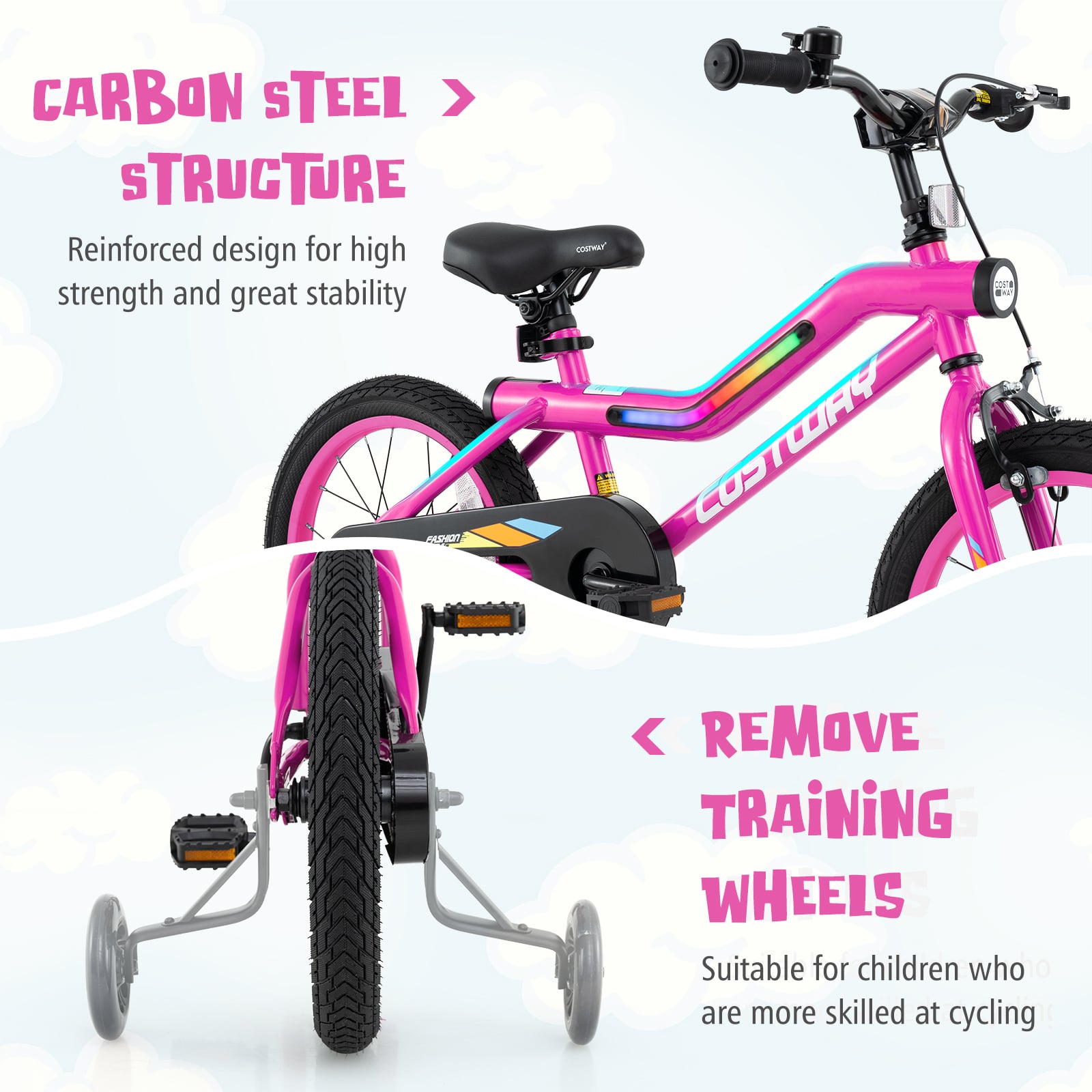 16 Inch LED Kids Bike With Training Wheels, Pink Kids Bike at Gallery Canada
