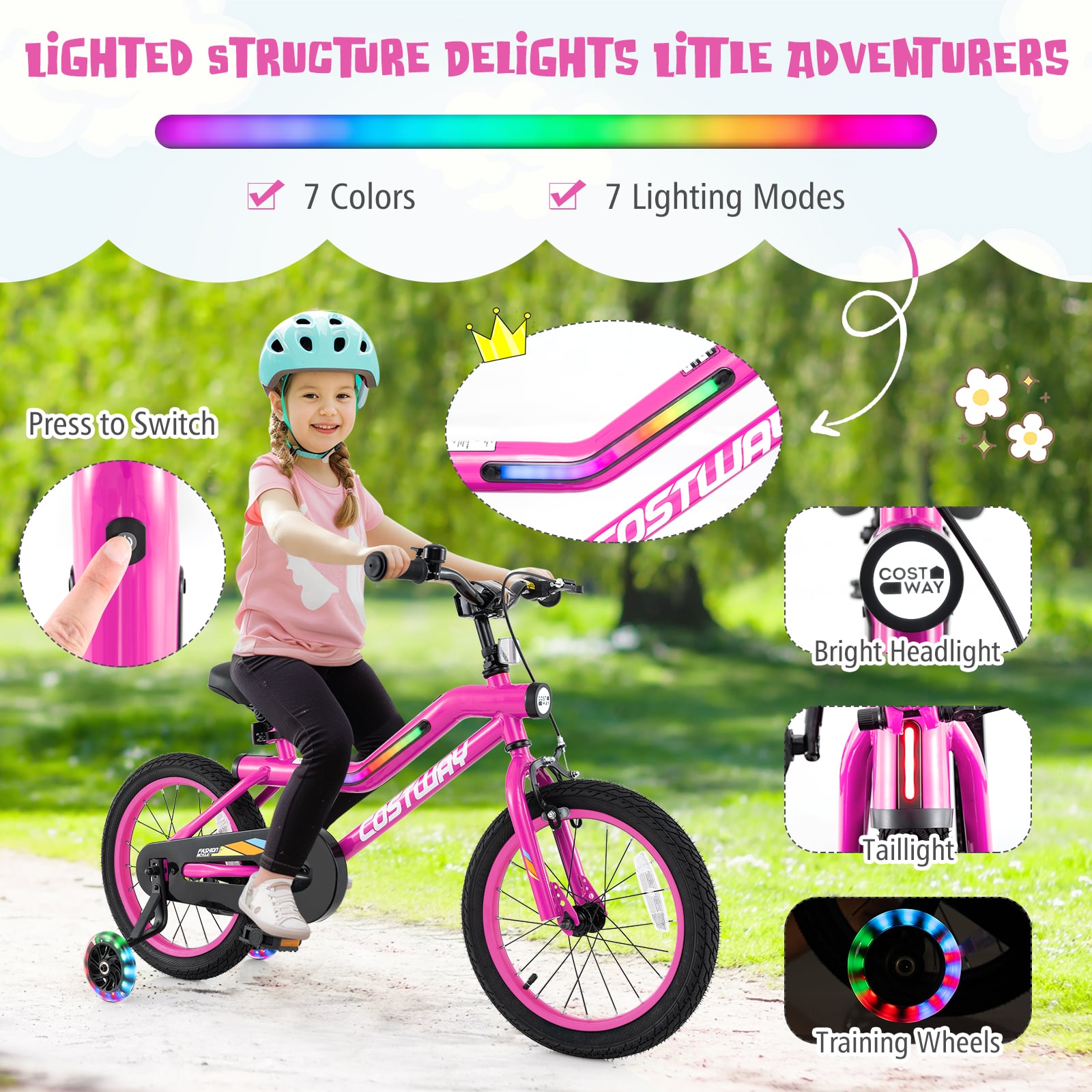 16 Inch LED Kids Bike With Training Wheels, Pink Kids Bike at Gallery Canada