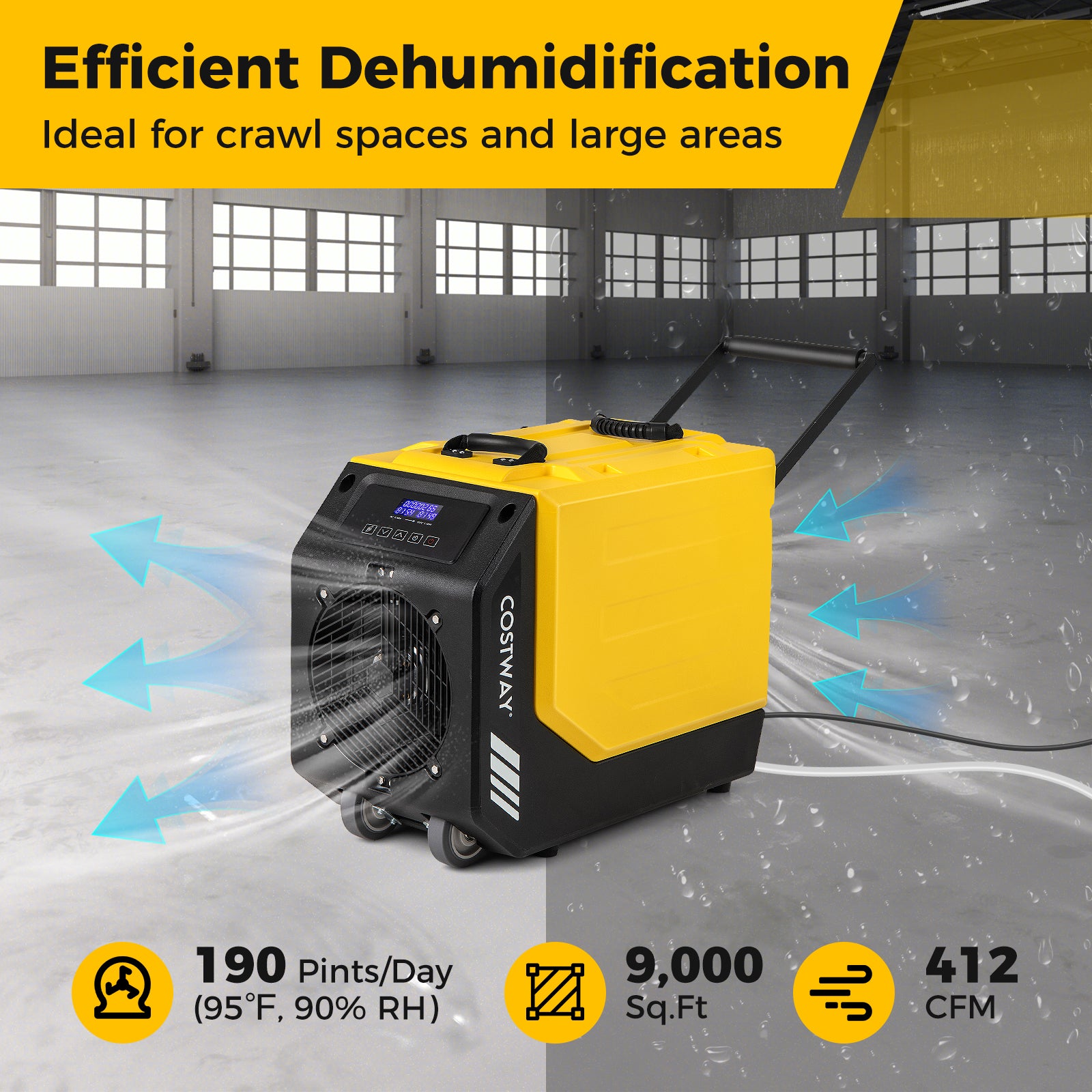 Commercial Dehumidifier, 190 PPD, With Pump And 2 Wheels, Yellow Dehumidifiers at Gallery Canada