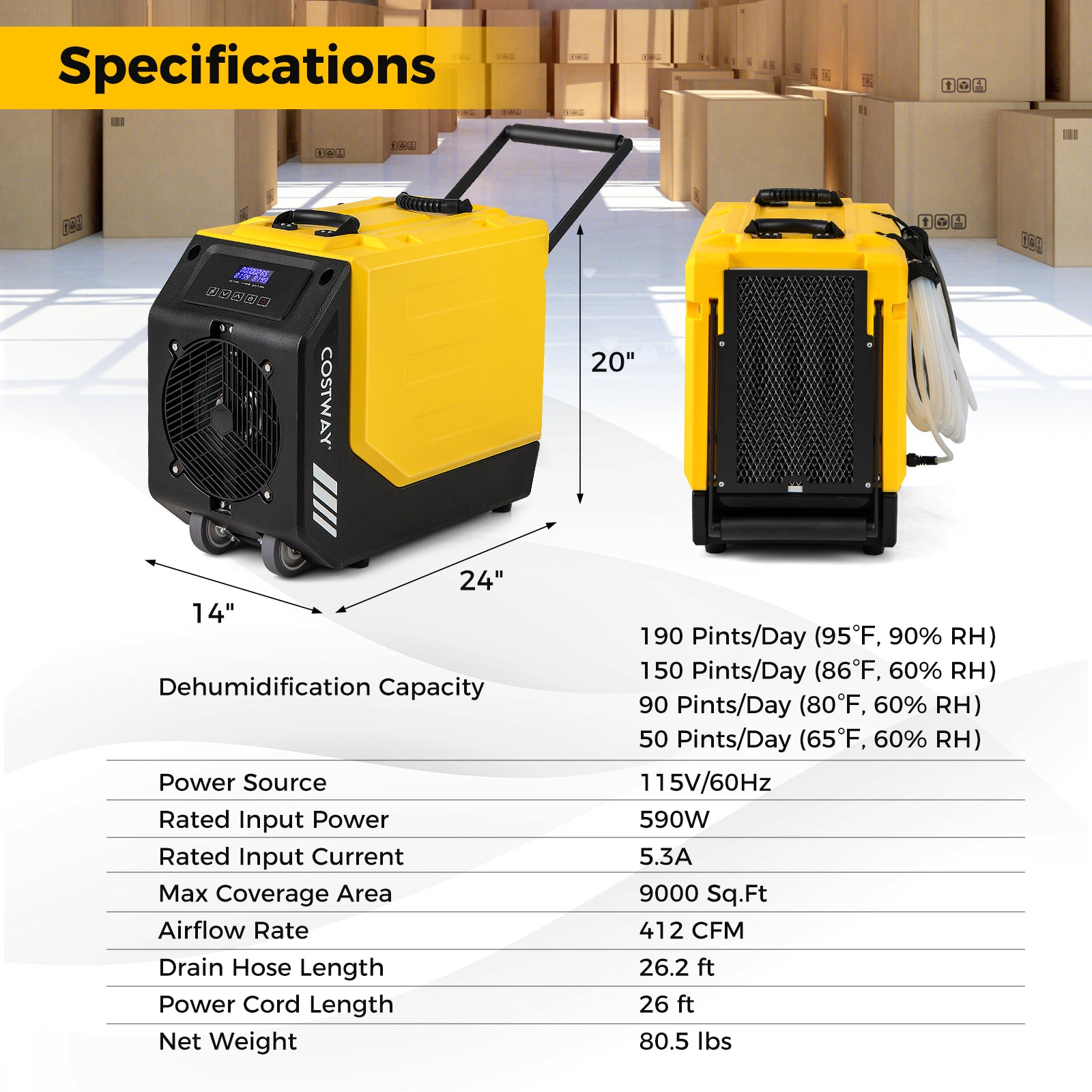 Commercial Dehumidifier, 190 PPD, With Pump And 2 Wheels, Yellow Dehumidifiers at Gallery Canada