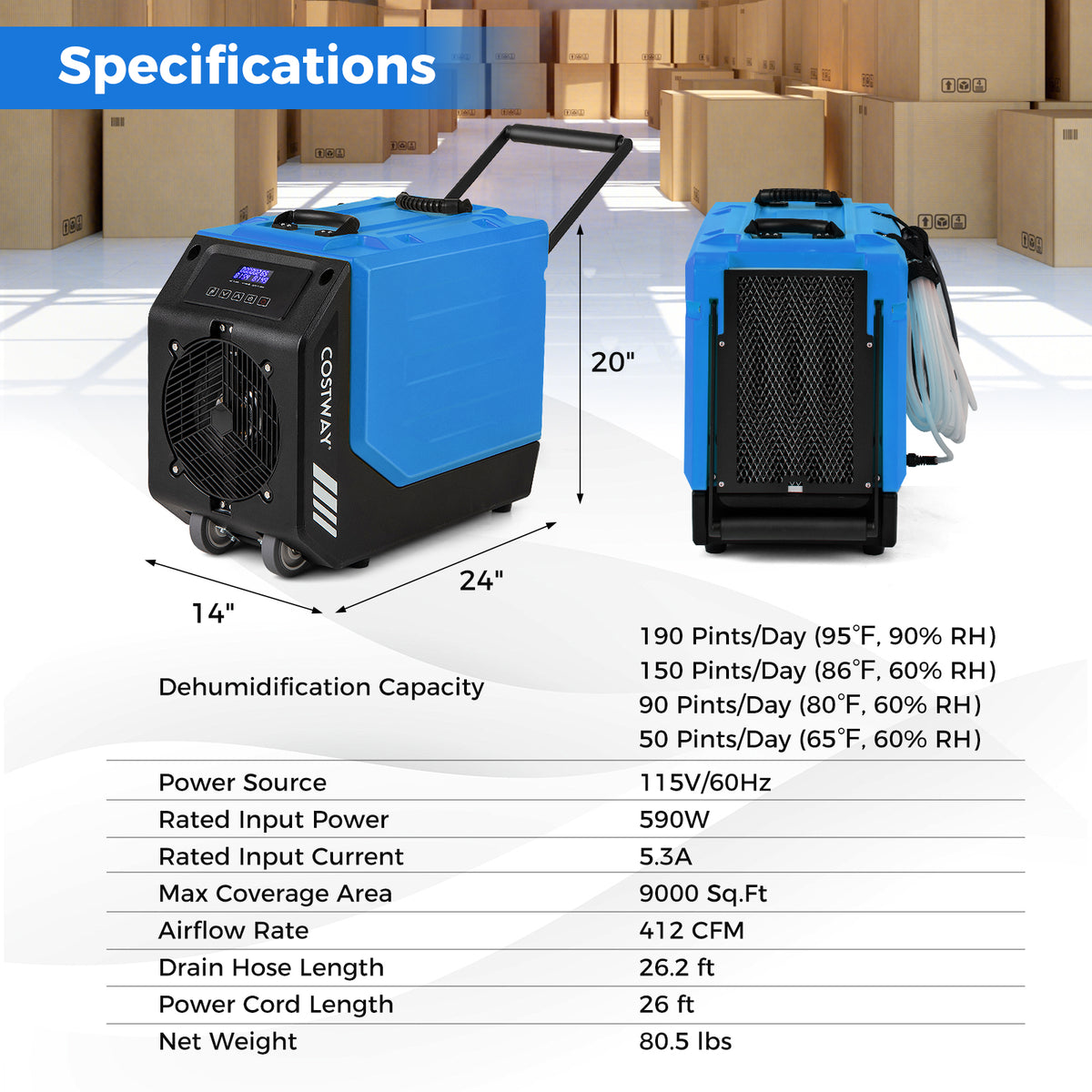 Commercial Dehumidifier With Pump, 190 PPD, Blue Dehumidifiers at Gallery Canada