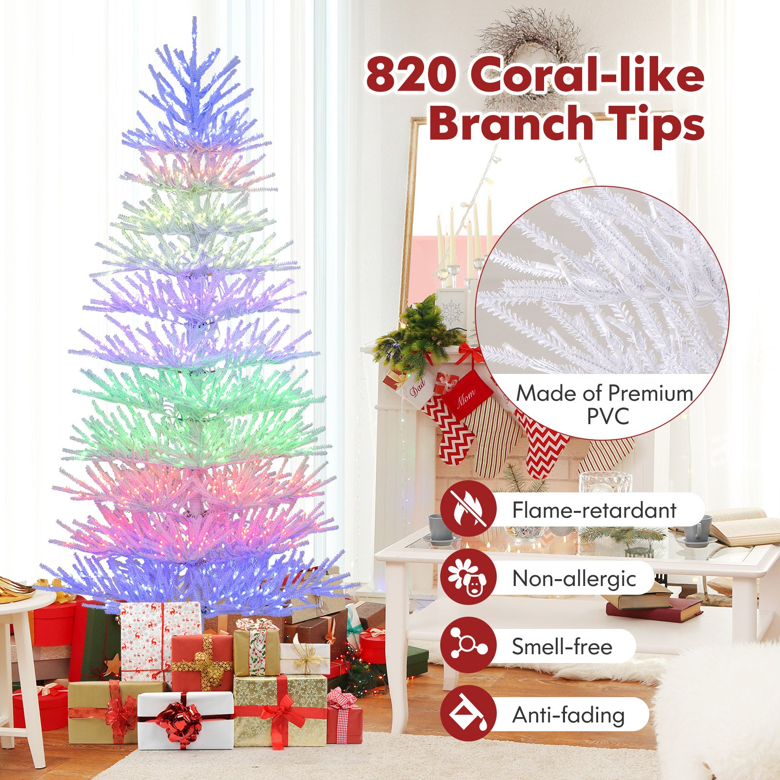 7 FT Pre-lit Artificial Christmas Tree, Hinged, 820 Coral Tips, White Christmas Tree at Gallery Canada
