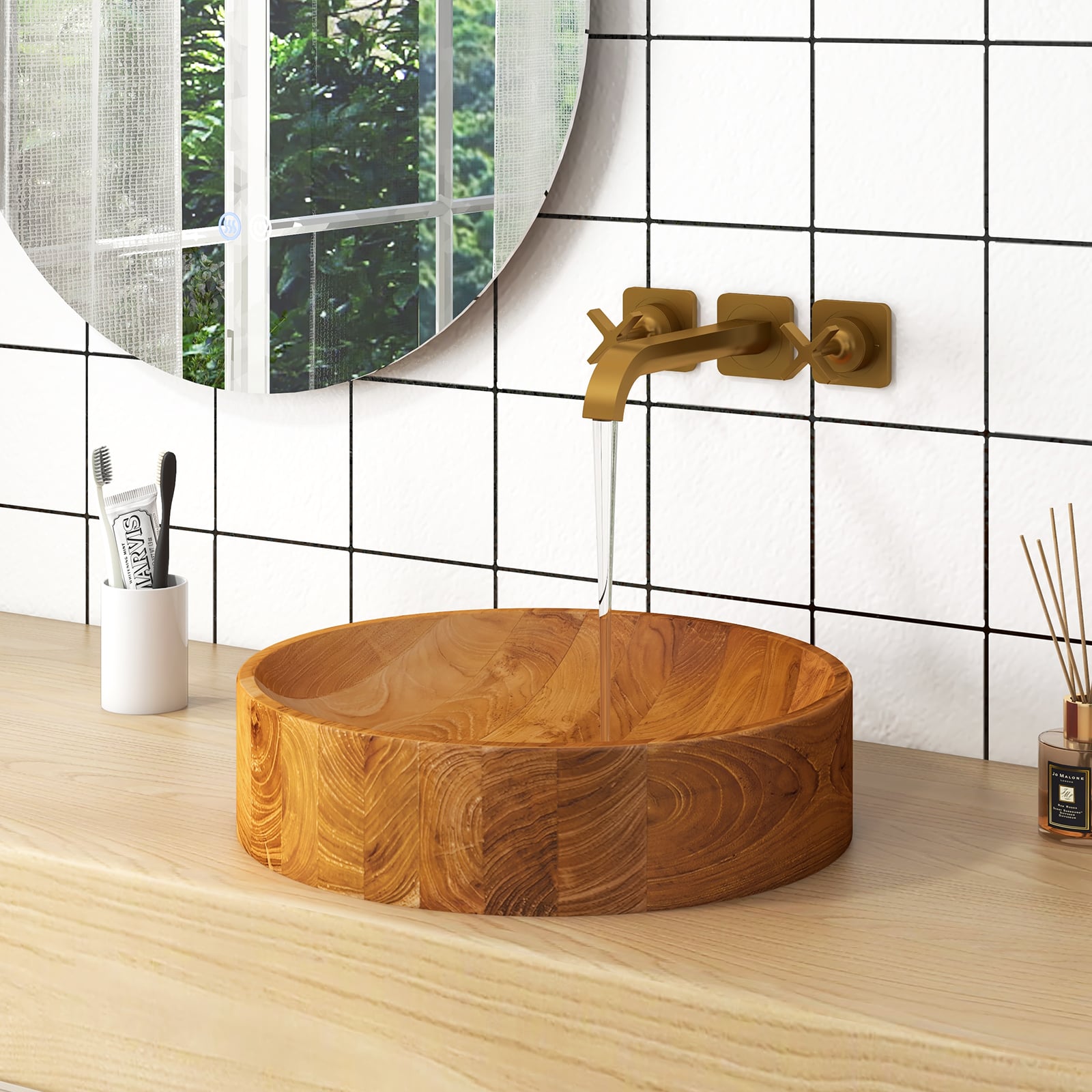 16 Inch Teak Wood Washbasin, Natural, Smooth Finish, Rounded Corners Bathroom Sinks at Gallery Canada