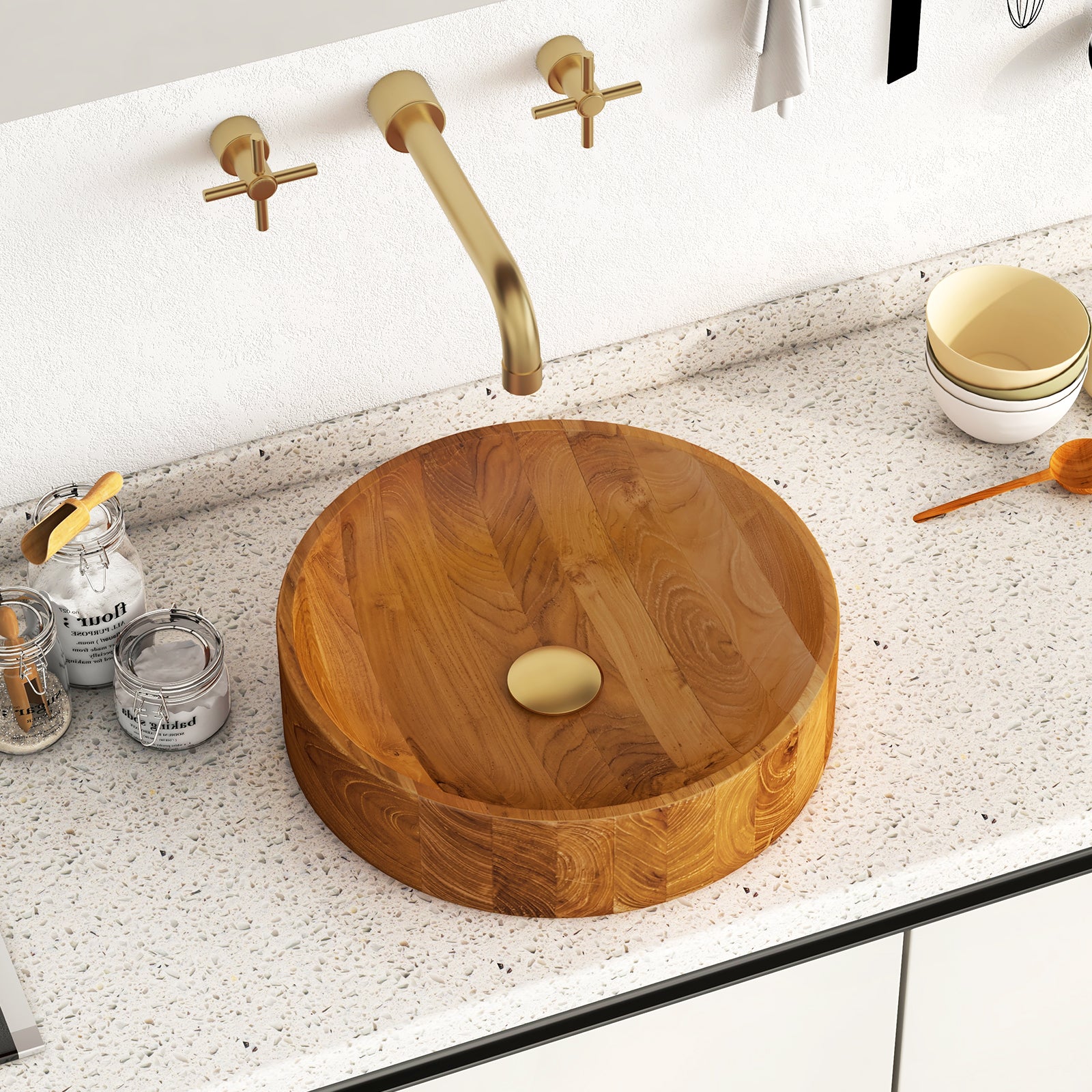 16 Inch Teak Wood Washbasin, Natural, Smooth Finish, Rounded Corners Bathroom Sinks at Gallery Canada