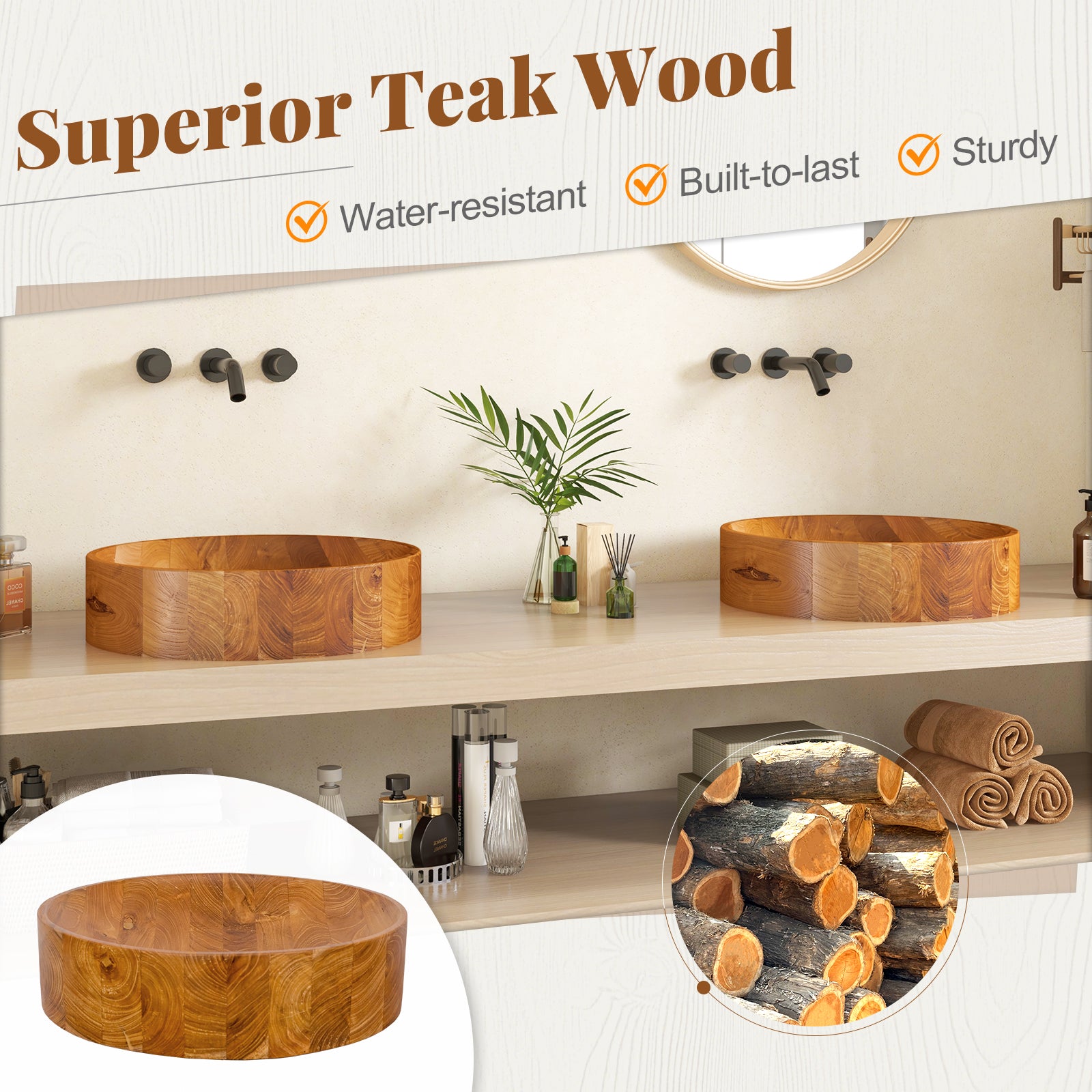 16 Inch Teak Wood Washbasin, Natural, Smooth Finish, Rounded Corners Bathroom Sinks at Gallery Canada