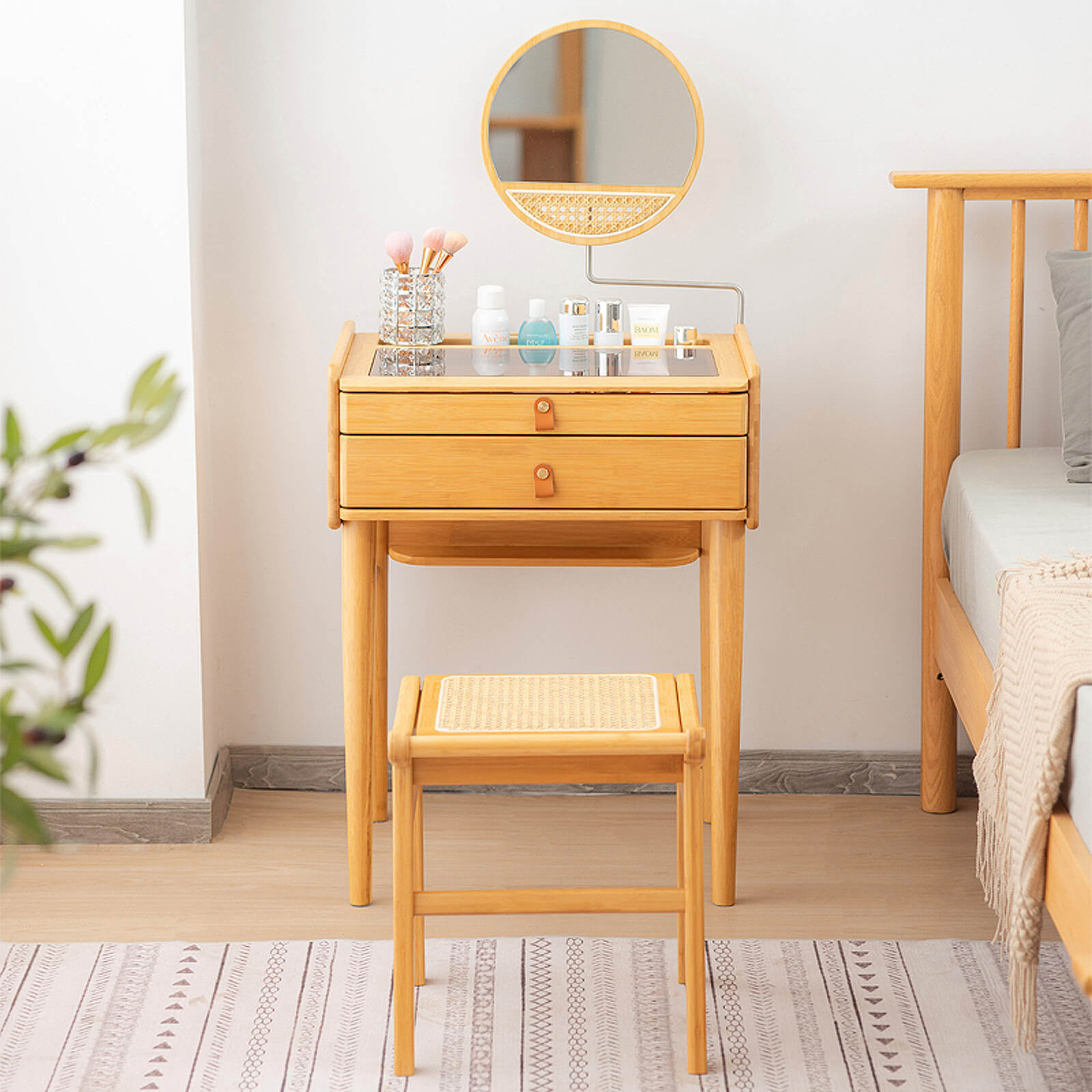 Bamboo Makeup Vanity Table With Stool, Rotating Mirror, Natural Makeup Vanities at Gallery Canada