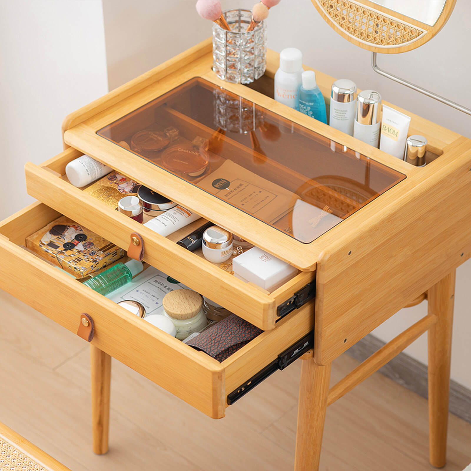 Bamboo Makeup Vanity Table With Stool, Rotating Mirror, Natural Makeup Vanities at Gallery Canada