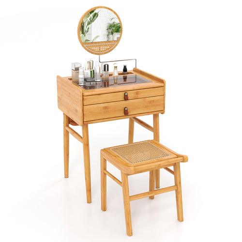 Bamboo Makeup Vanity Table With Stool, Rotating Mirror, Natural