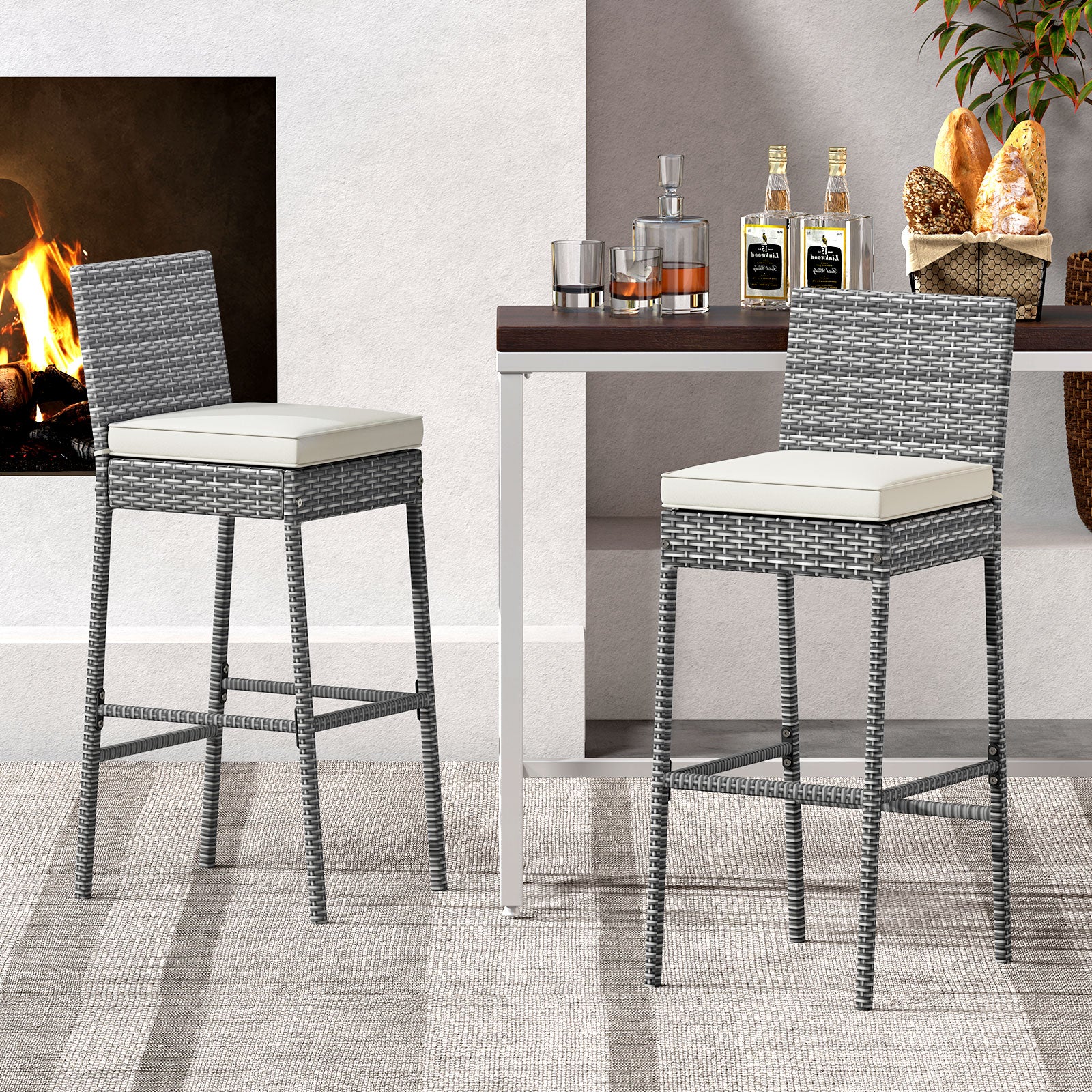 Set Of 2 Patio Wicker Barstools, Soft Cushion, Cozy Footrest, Gray Patio Bar Furniture at Gallery Canada