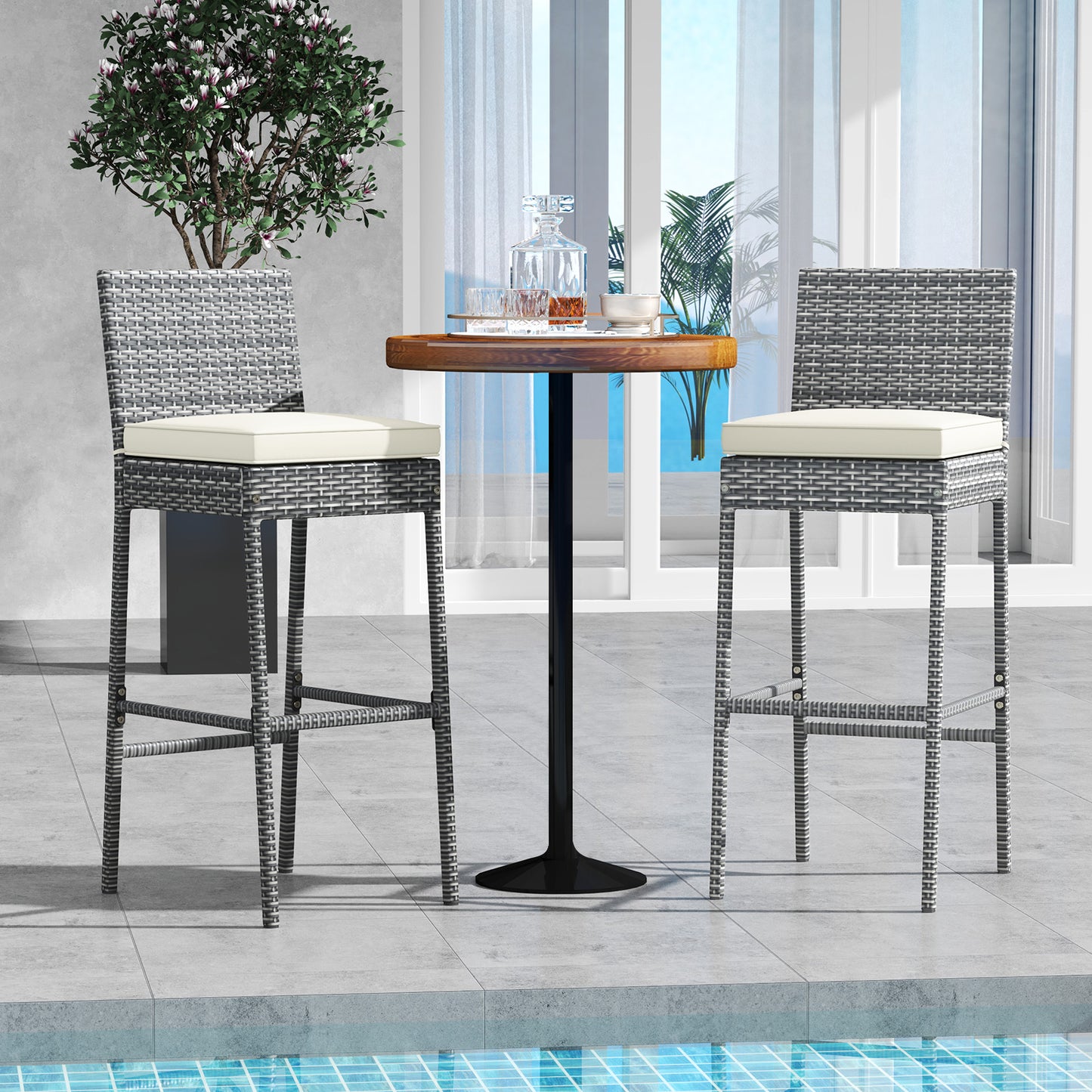 Set Of 2 Patio Wicker Barstools, Soft Cushion, Cozy Footrest, Gray Patio Bar Furniture at Gallery Canada
