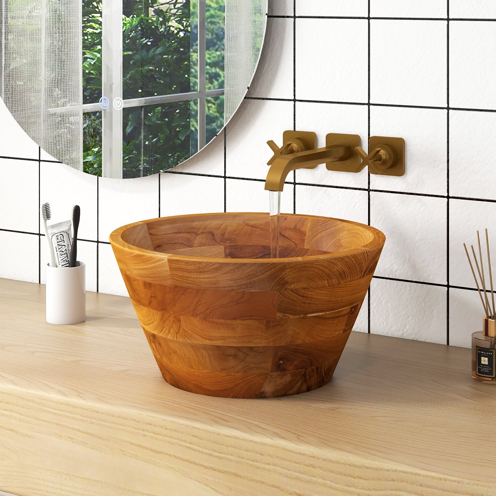 16 Inch Teak Wood Washbasin, Natural, Smooth Finish, Drainage Hole Bathroom Sinks at Gallery Canada