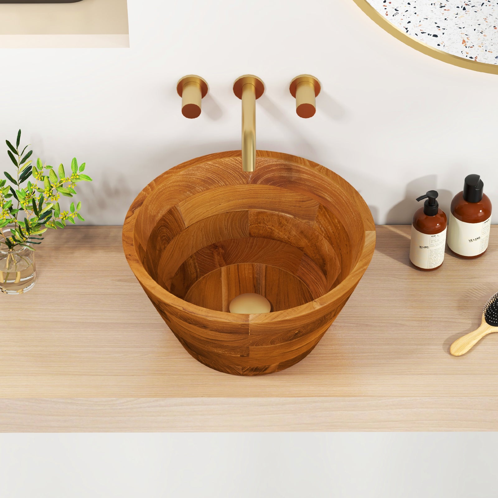 16 Inch Teak Wood Washbasin, Natural, Smooth Finish, Drainage Hole Bathroom Sinks at Gallery Canada