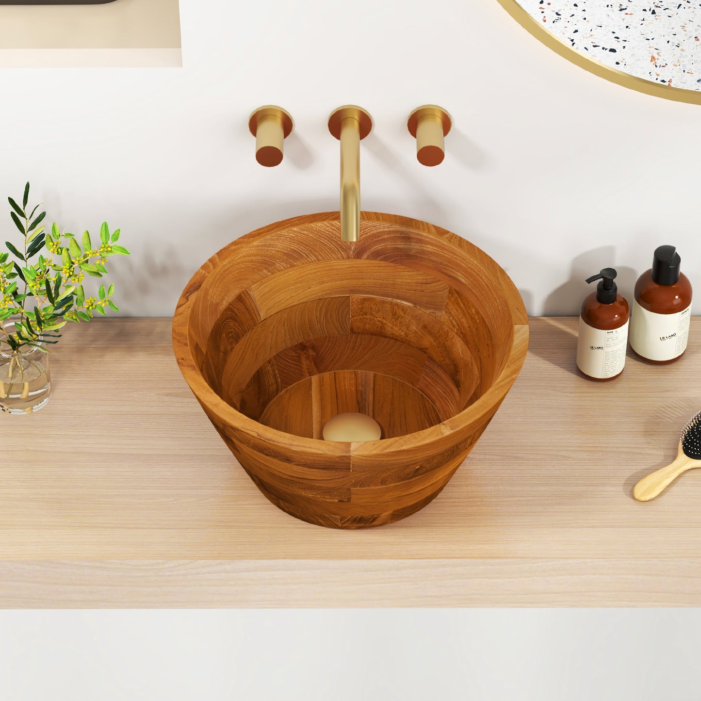 16 Inch Teak Wood Washbasin, Natural, Smooth Finish, Drainage Hole Bathroom Sinks at Gallery Canada
