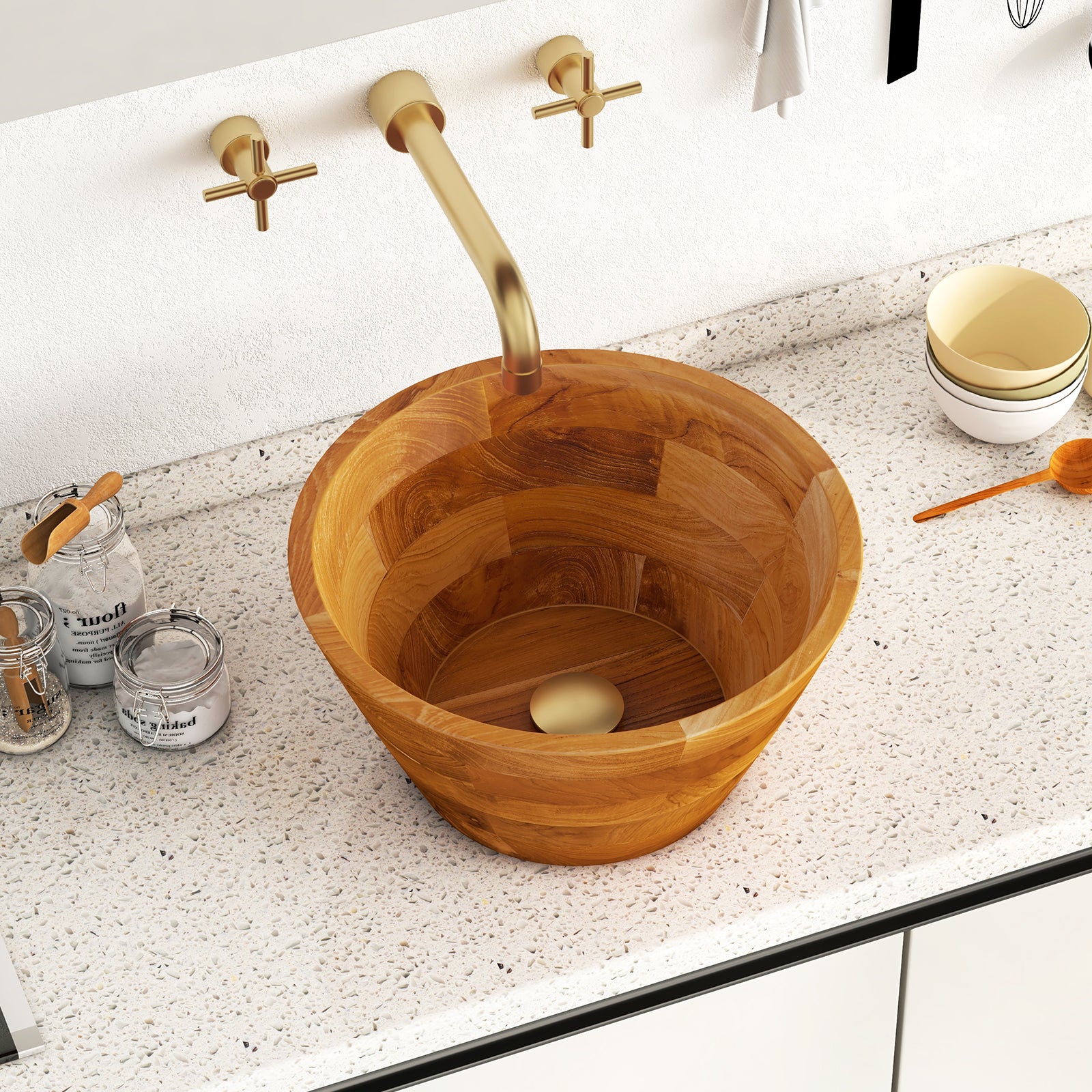 16 Inch Teak Wood Washbasin, Natural, Smooth Finish, Drainage Hole Bathroom Sinks at Gallery Canada