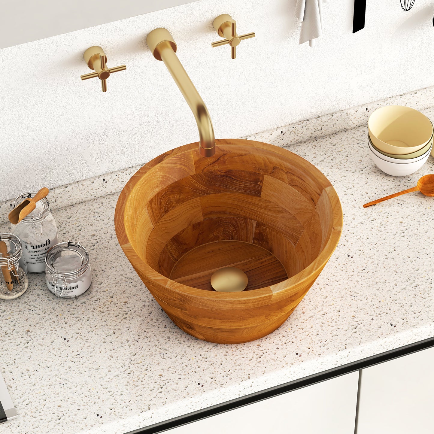 16 Inch Teak Wood Washbasin, Natural, Smooth Finish, Drainage Hole Bathroom Sinks at Gallery Canada