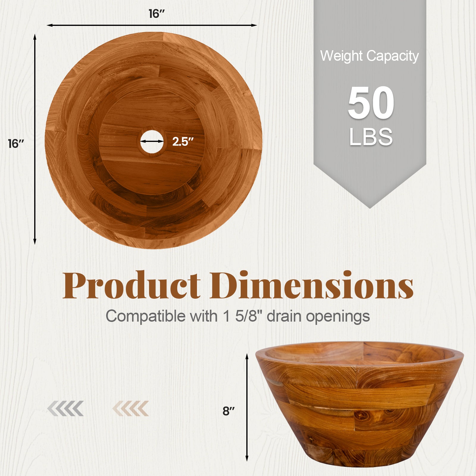 16 Inch Teak Wood Washbasin, Natural, Smooth Finish, Drainage Hole Bathroom Sinks at Gallery Canada