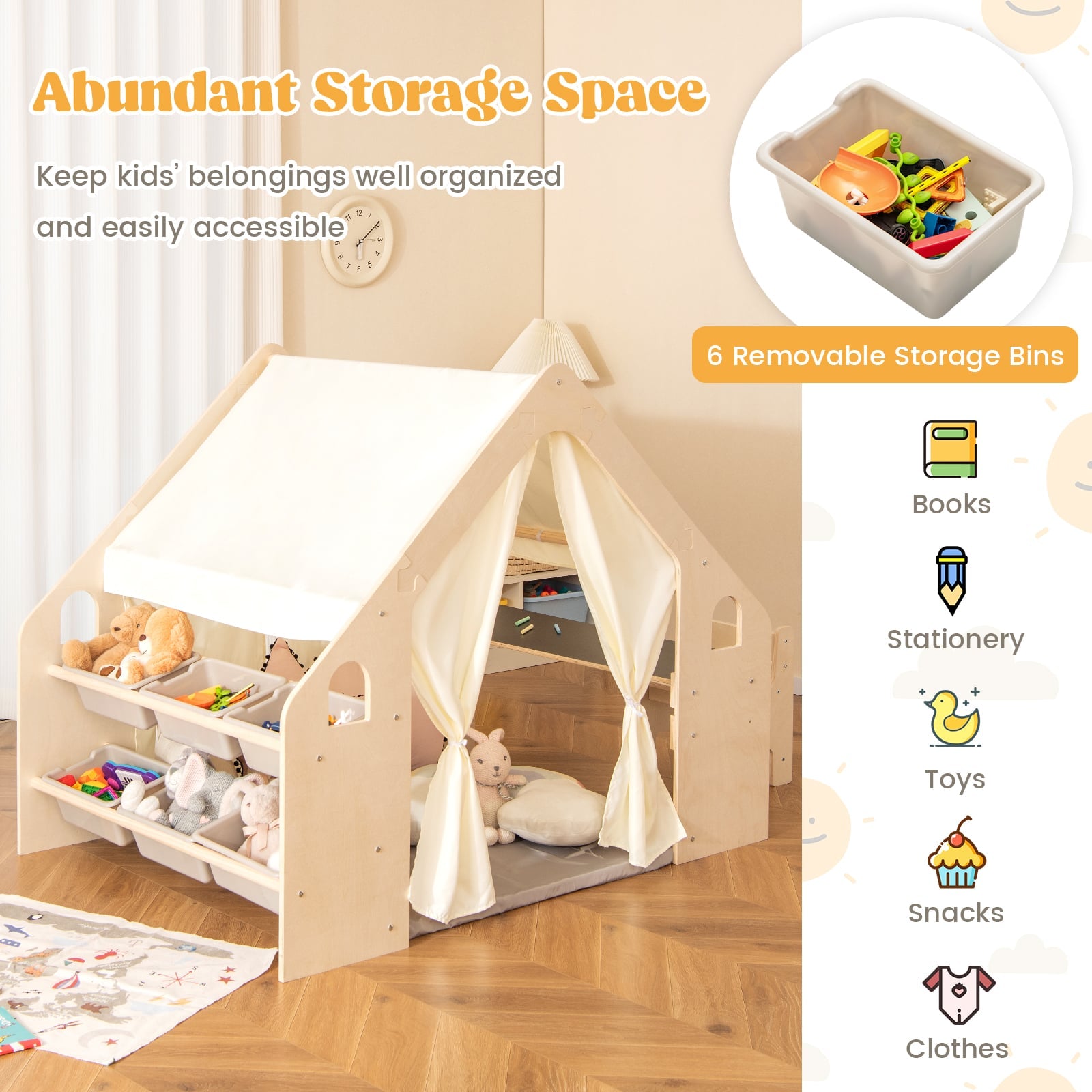 Kids Play Tent, 6-in-1, With Blackboard, Storage Bins, Floor Cushion, Beige Play Tents & Playhouse at Gallery Canada
