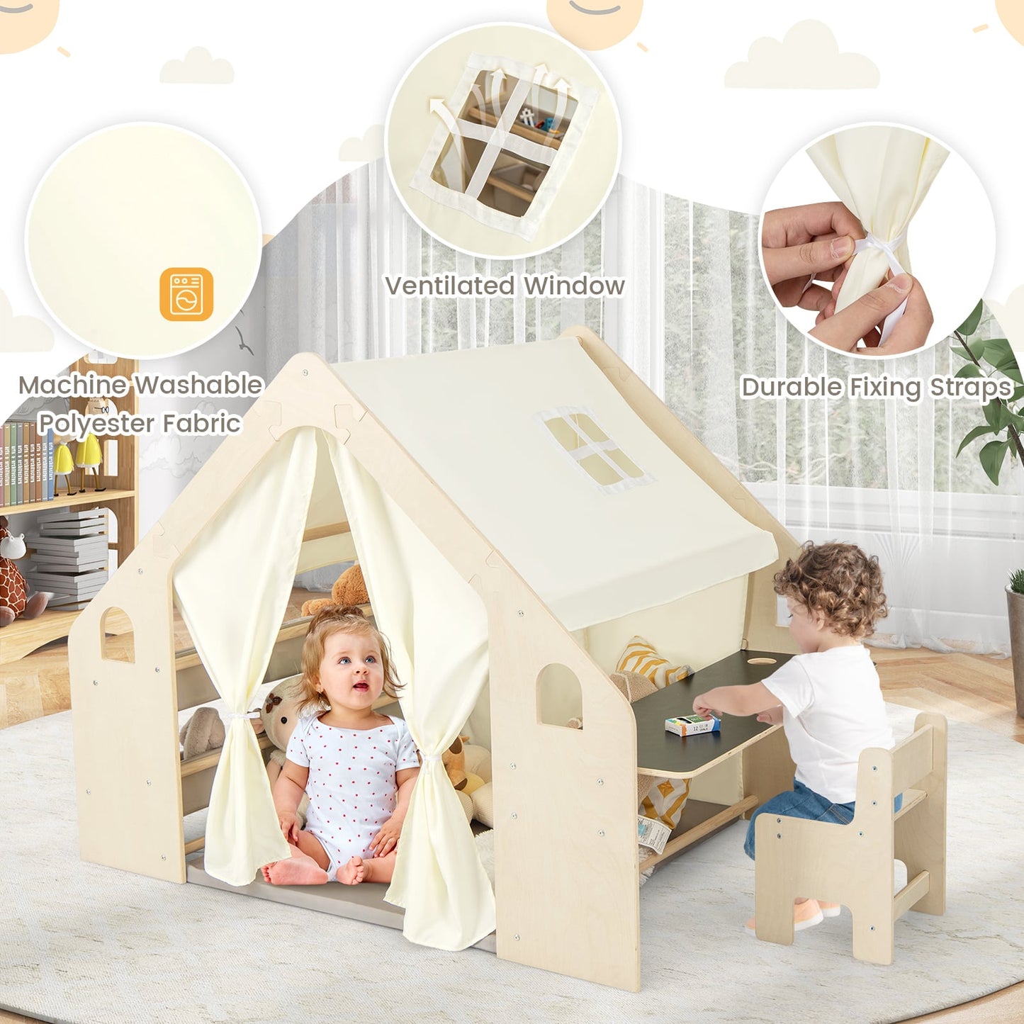 Kids Play Tent, 6-in-1, With Blackboard, Storage Bins, Floor Cushion, Beige Play Tents & Playhouse at Gallery Canada