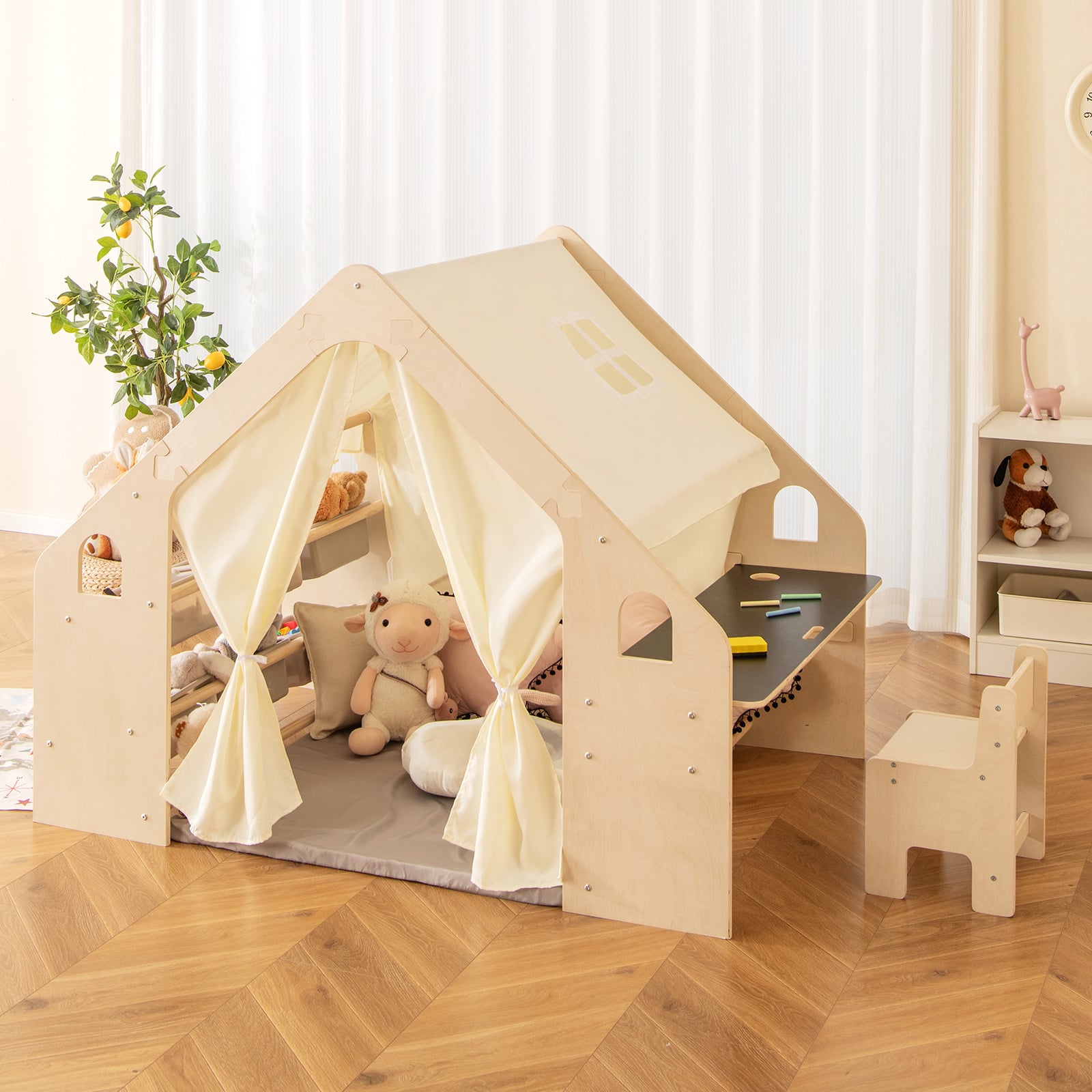 Kids Play Tent, 6-in-1, With Blackboard, Storage Bins, Floor Cushion, Beige Play Tents & Playhouse at Gallery Canada
