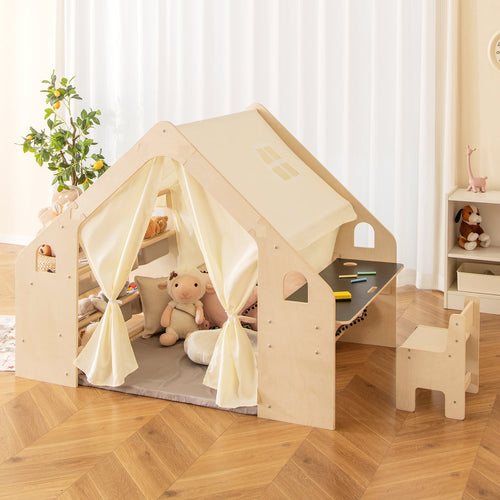 Kids Play Tent, 6-in-1, With Blackboard, Storage Bins, Floor Cushion, Beige