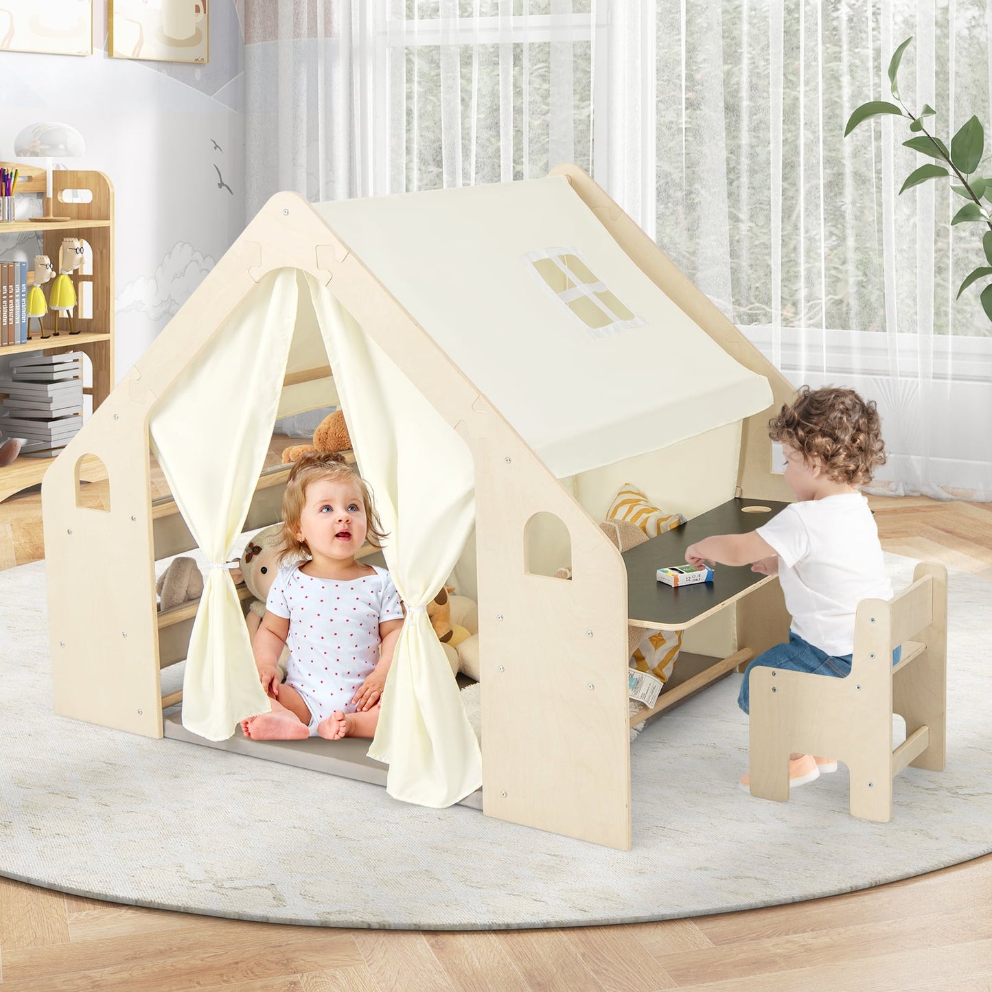 Kids Play Tent, 6-in-1, With Blackboard, Storage Bins, Floor Cushion, Beige Play Tents & Playhouse at Gallery Canada