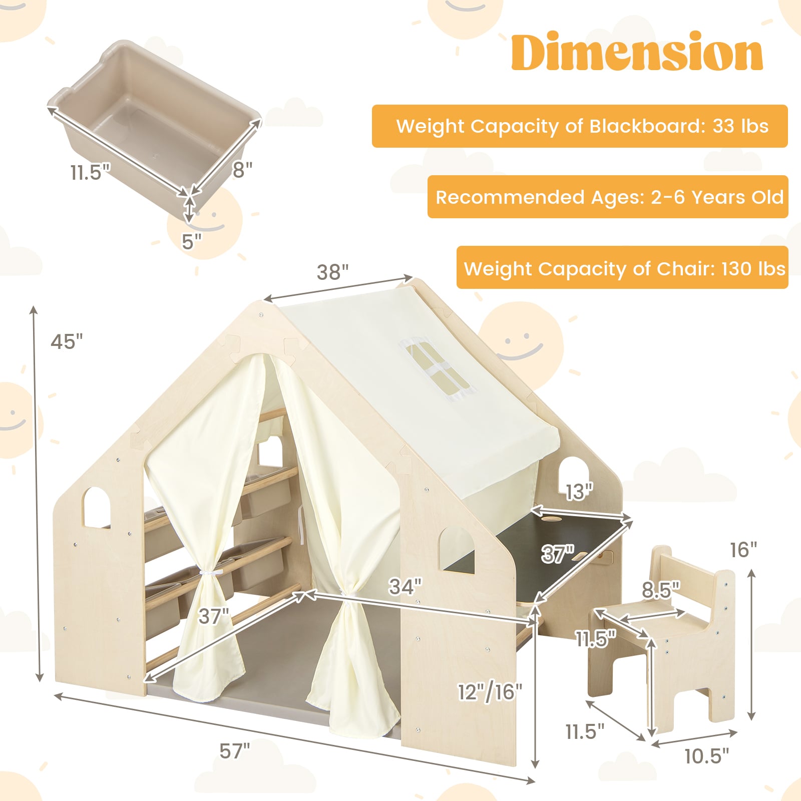 Kids Play Tent, 6-in-1, With Blackboard, Storage Bins, Floor Cushion, Beige Play Tents & Playhouse at Gallery Canada