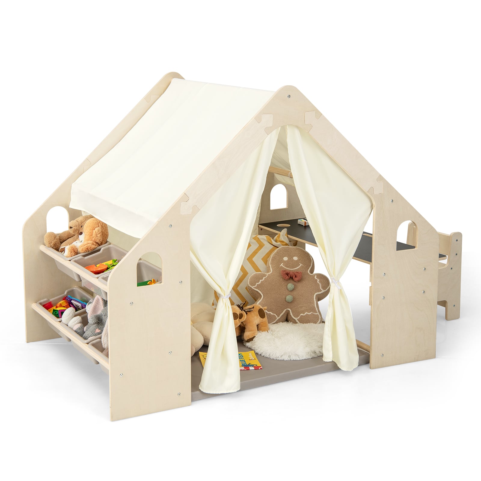 Kids Play Tent, 6-in-1, With Blackboard, Storage Bins, Floor Cushion, Beige Play Tents & Playhouse at Gallery Canada
