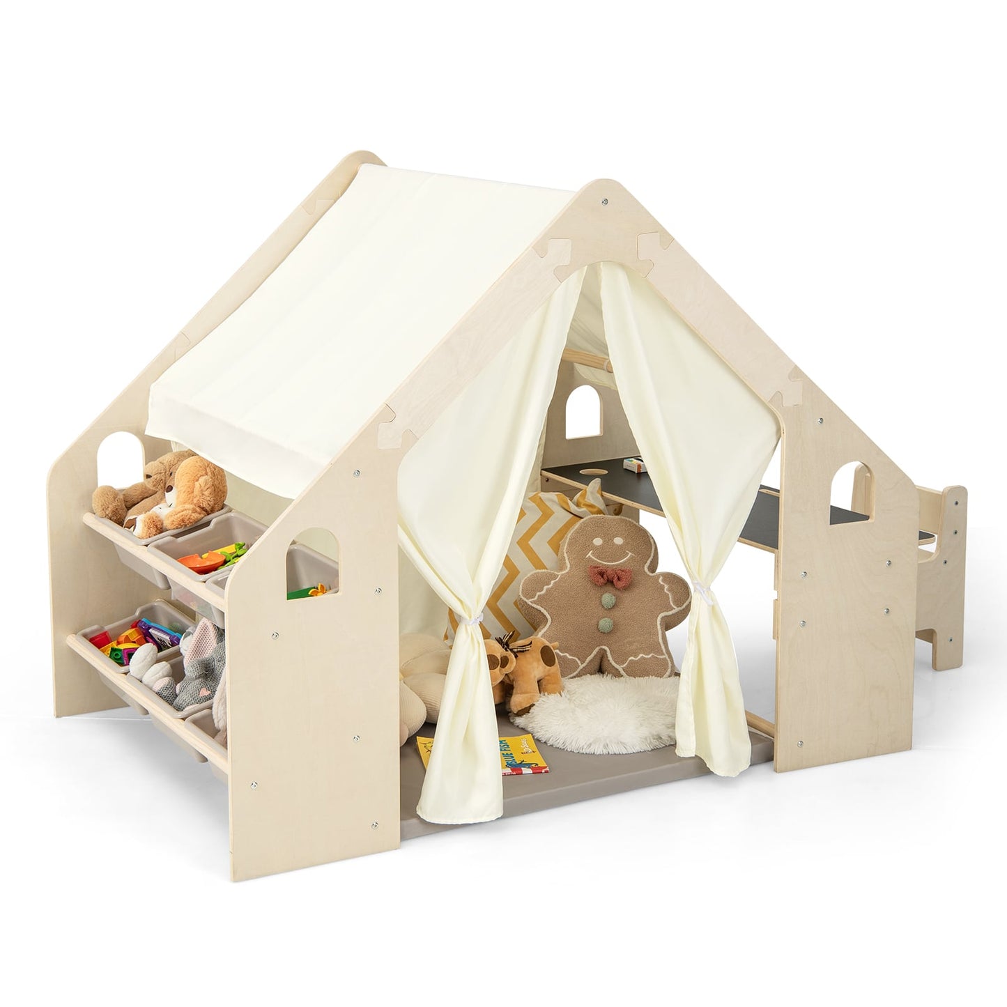 Kids Play Tent, 6-in-1, With Blackboard, Storage Bins, Floor Cushion, Beige Play Tents & Playhouse at Gallery Canada