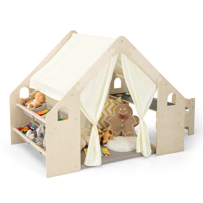 Kids Play Tent, 6-in-1, With Blackboard, Storage Bins, Floor Cushion, Beige Play Tents & Playhouse at Gallery Canada
