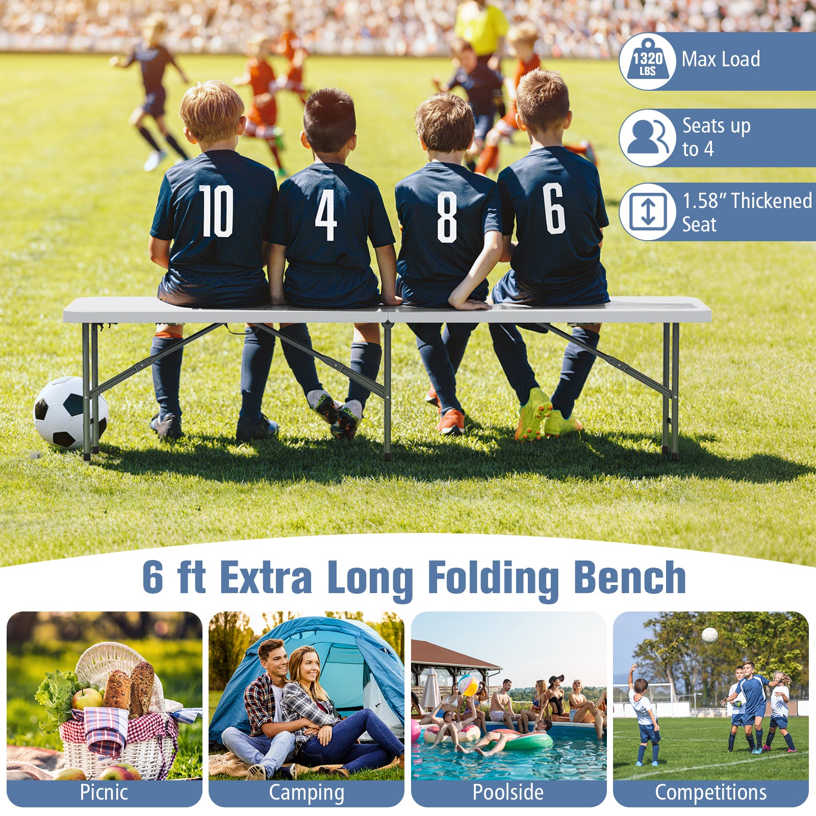 6 Feet Plastic Folding Bench With Handle, Lock, White Camping Furniture at Gallery Canada