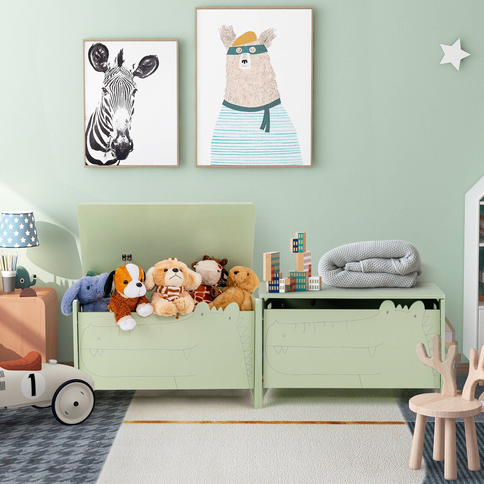 Wooden Kids Toy Box, Safety Hinge, Green Kids Storage at Gallery Canada