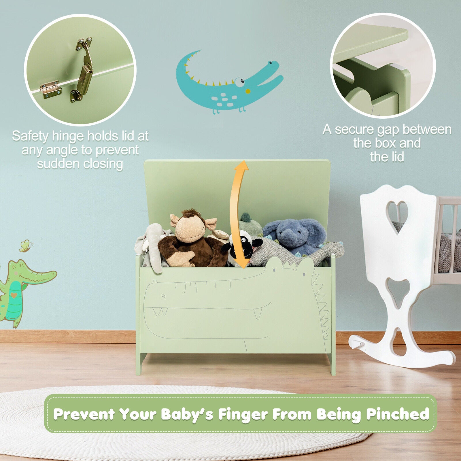 Wooden Kids Toy Box, Safety Hinge, Green Kids Storage at Gallery Canada