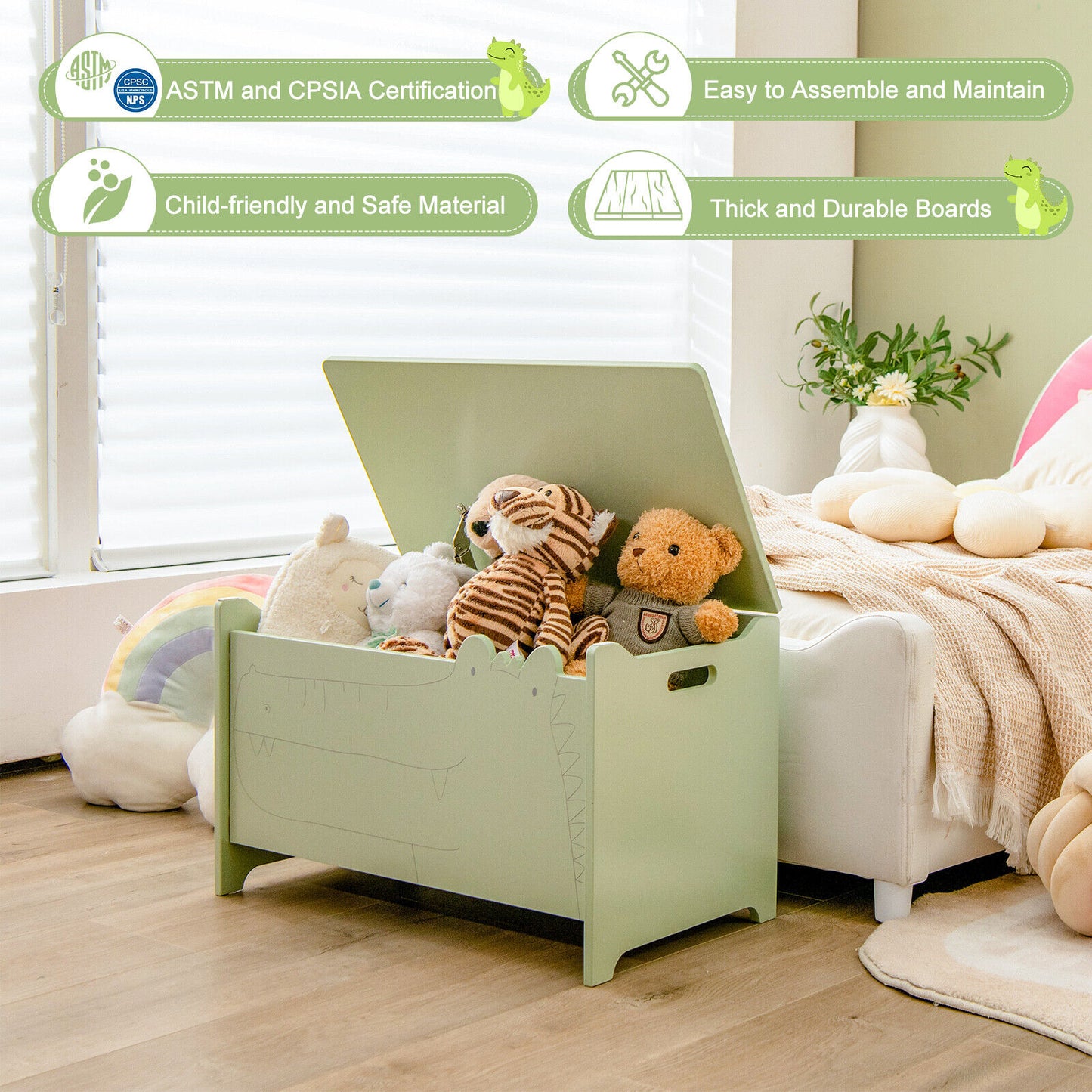 Wooden Kids Toy Box, Safety Hinge, Green Kids Storage at Gallery Canada