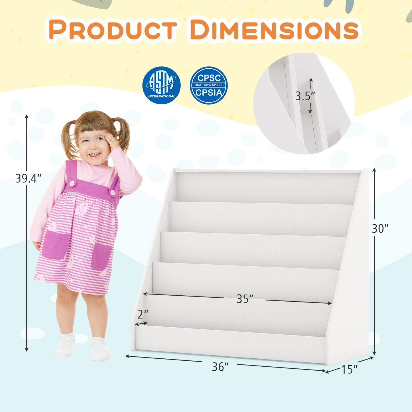 5-Tier Kids Bookshelf, Deep Compartments, Stable Baby Book Case, White Kids Storage at Gallery Canada